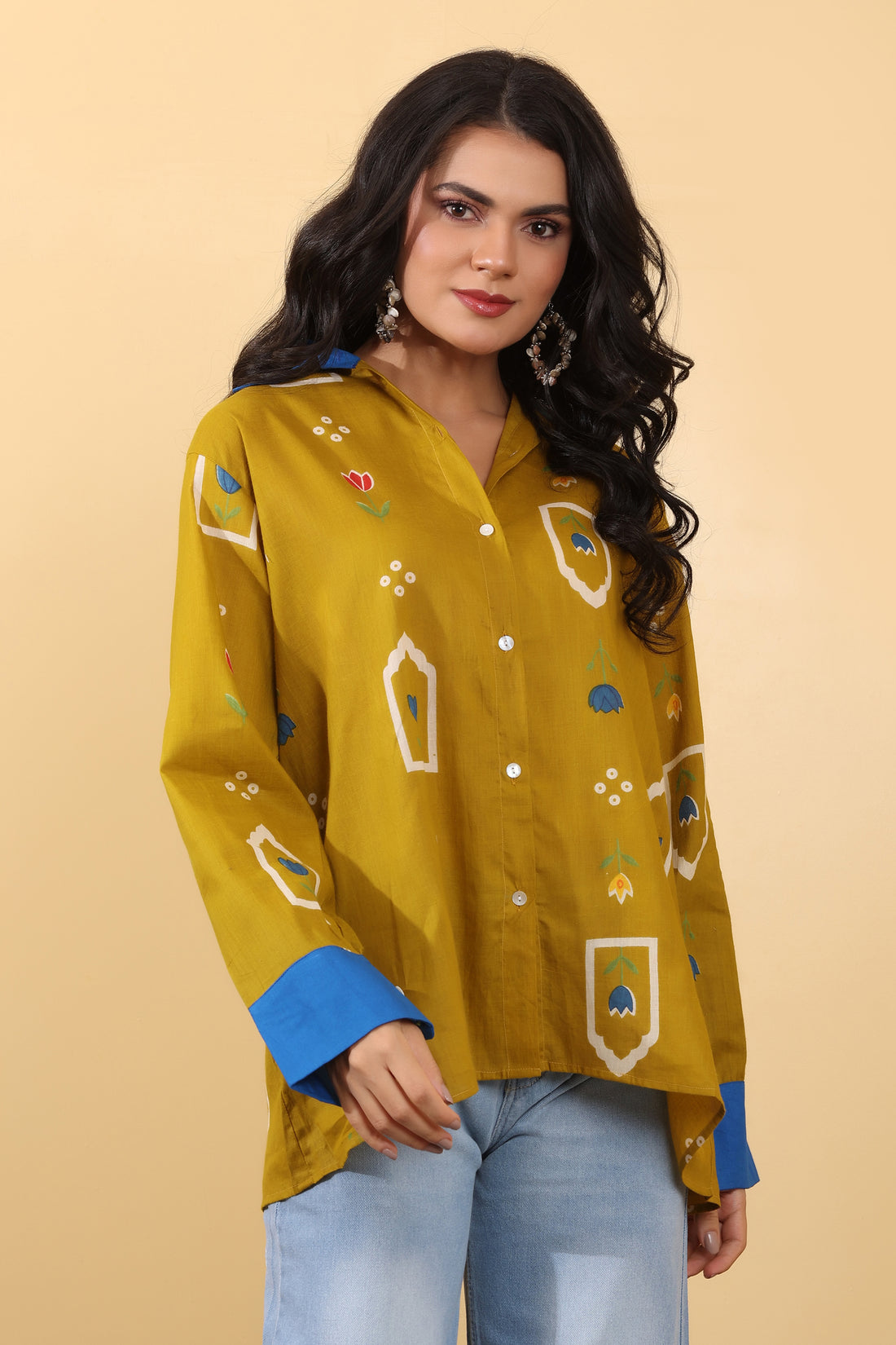 Sunshine Floral Shirt for Women | Mustard Printed Casual Oversized Shirt