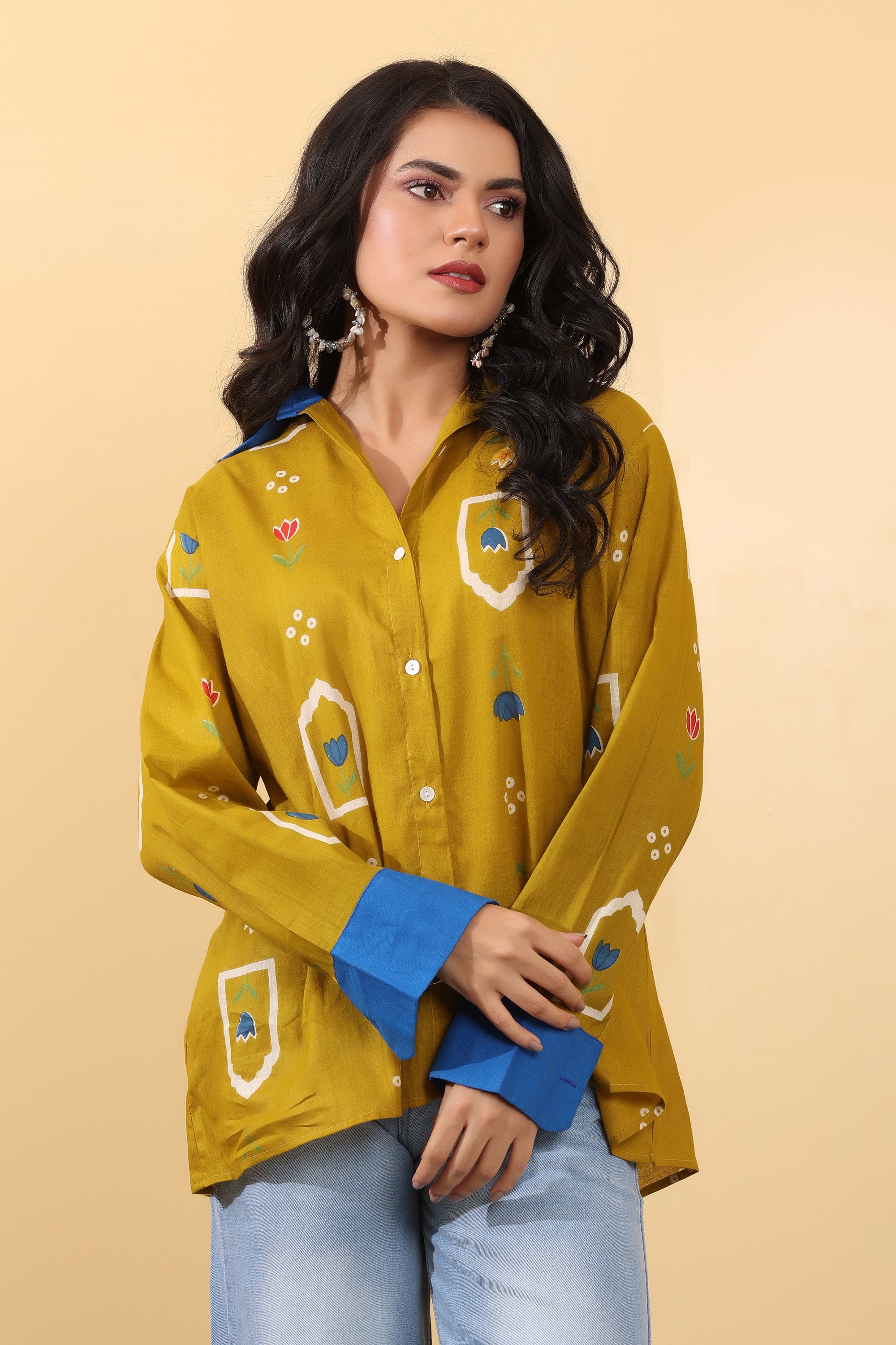 Sunshine Floral Shirt for Women | Mustard Printed Casual Oversized Shirt