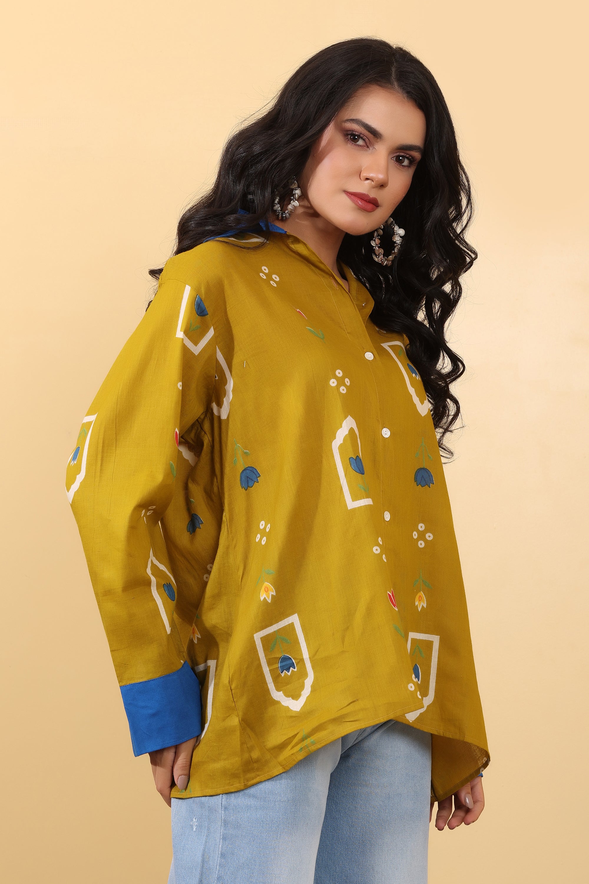 Sunshine Floral Shirt for Women | Mustard Printed Casual Oversized Shirt