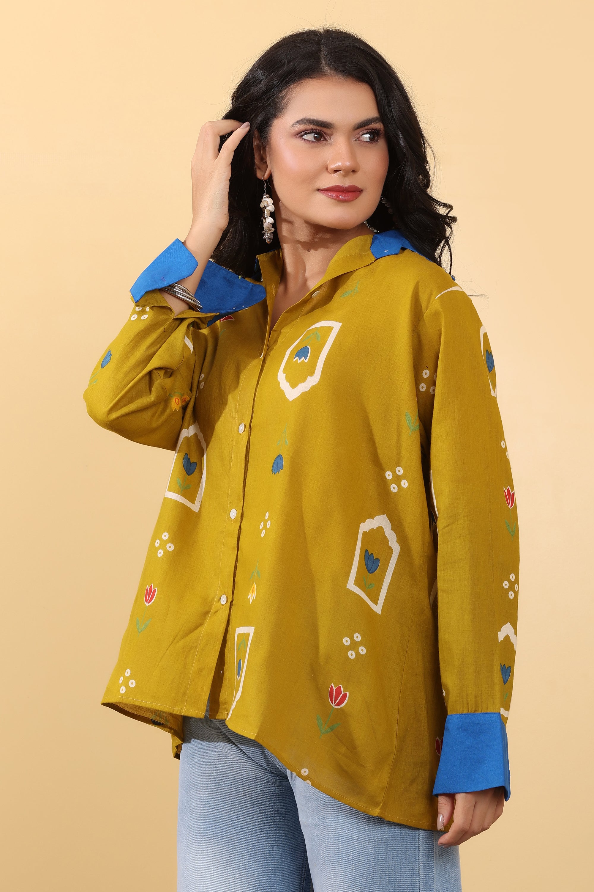 Sunshine Floral Shirt for Women | Mustard Printed Casual Oversized Shirt