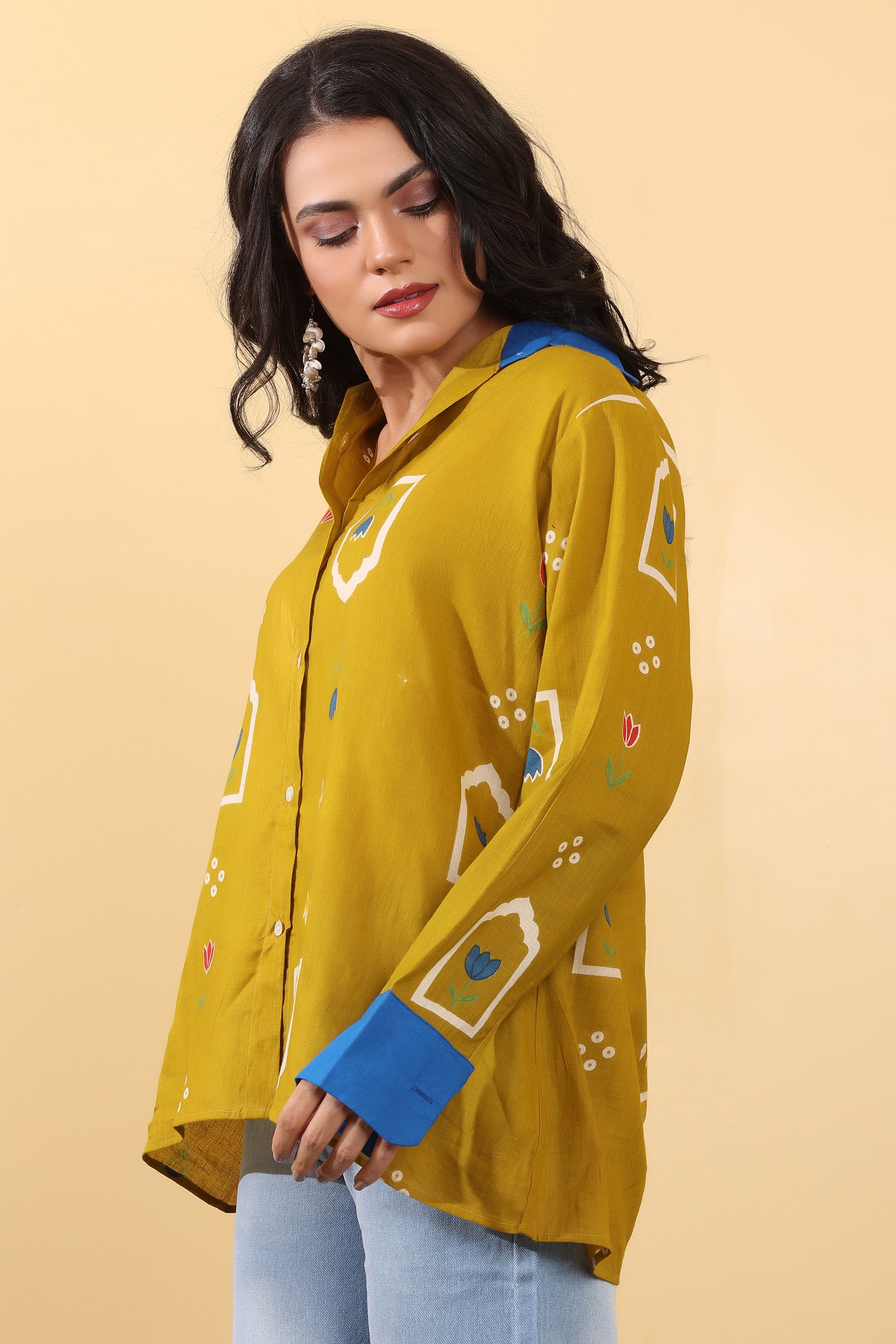 Sunshine Floral Shirt for Women | Mustard Printed Casual Oversized Shirt