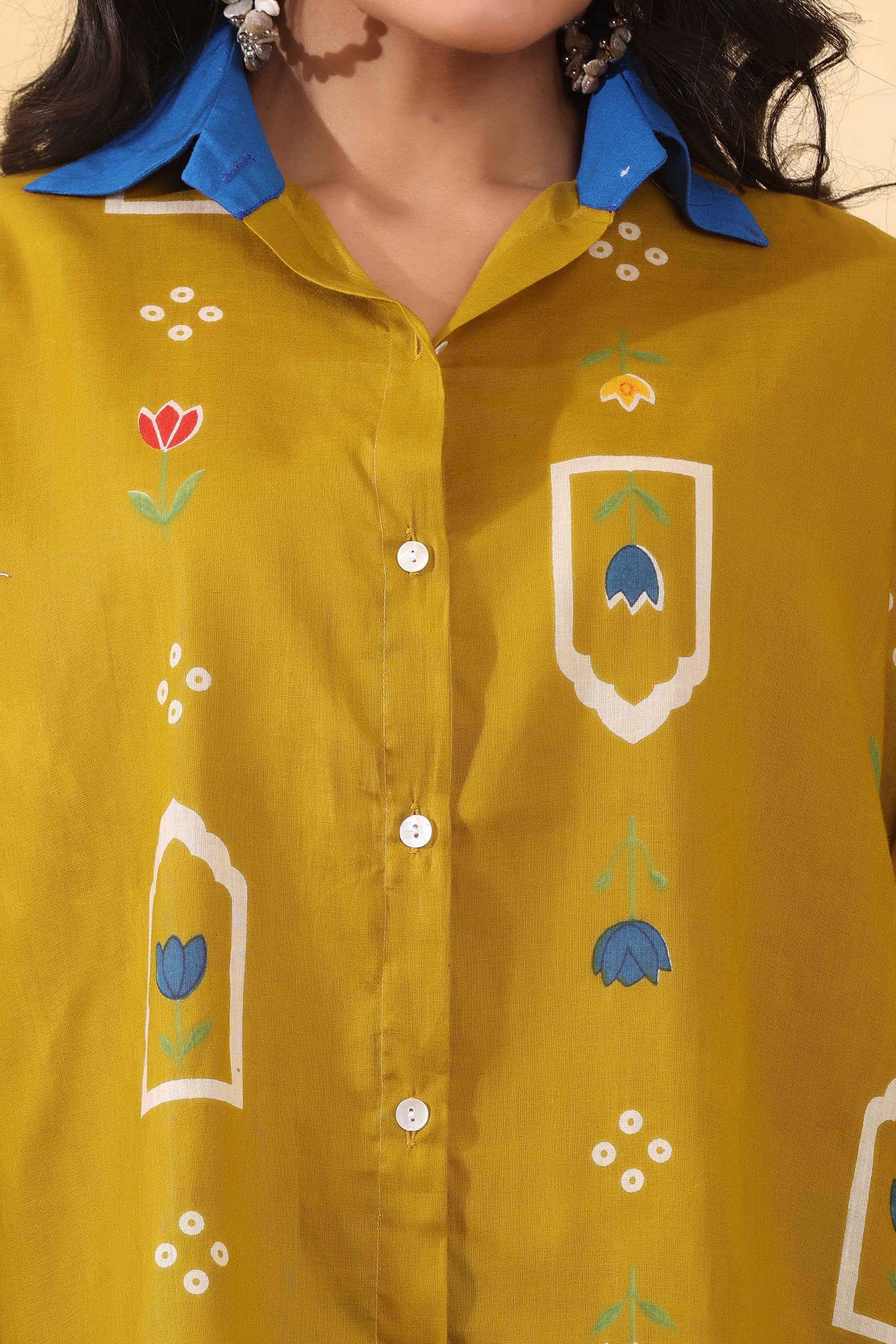 Sunshine Floral Shirt for Women | Mustard Printed Casual Oversized Shirt