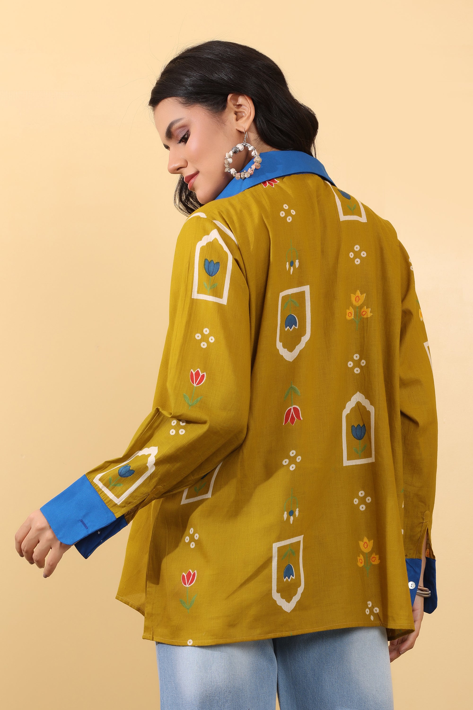 Sunshine Floral Shirt for Women | Mustard Printed Casual Oversized Shirt