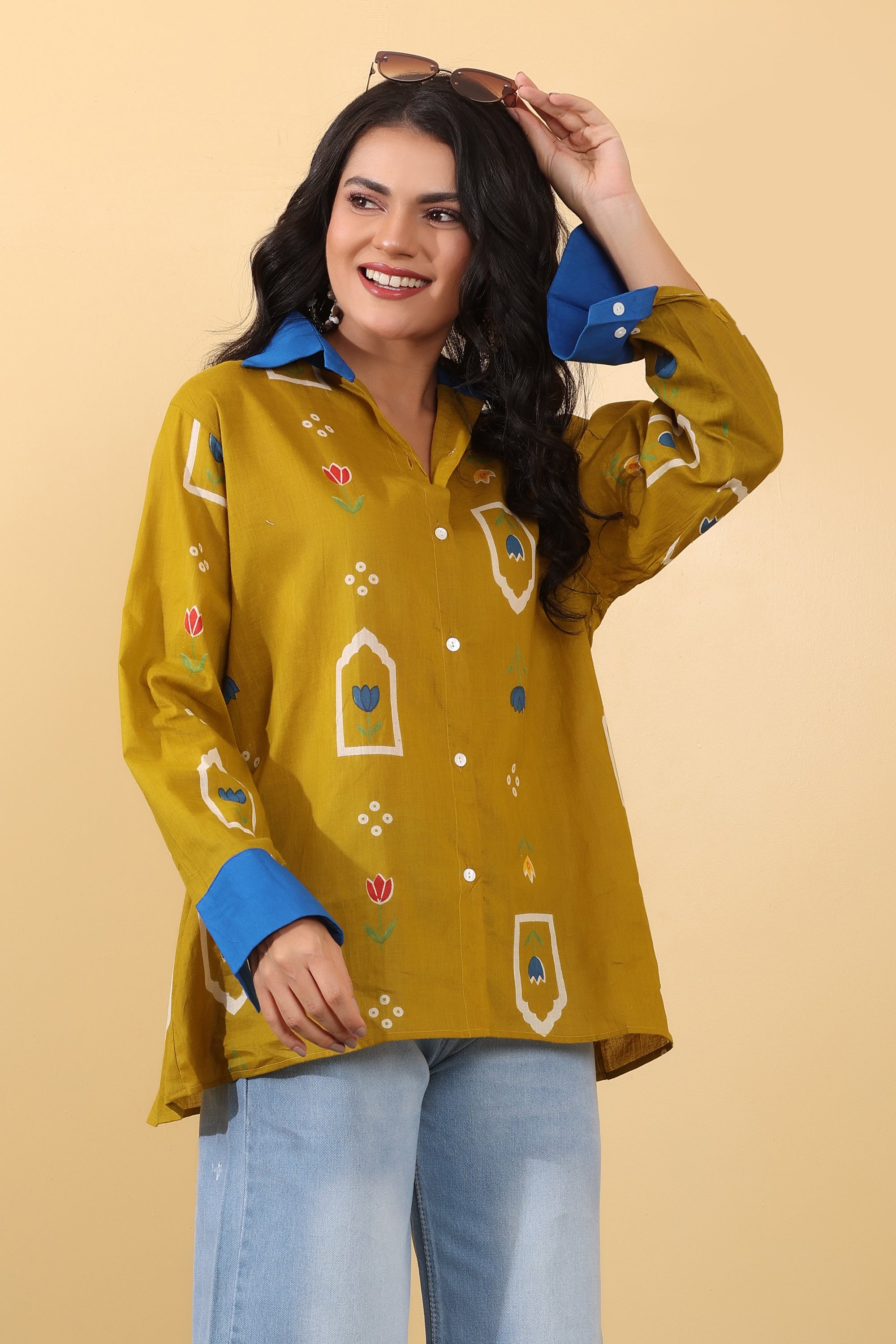 Sunshine Floral Shirt for Women | Mustard Printed Casual Oversized Shirt