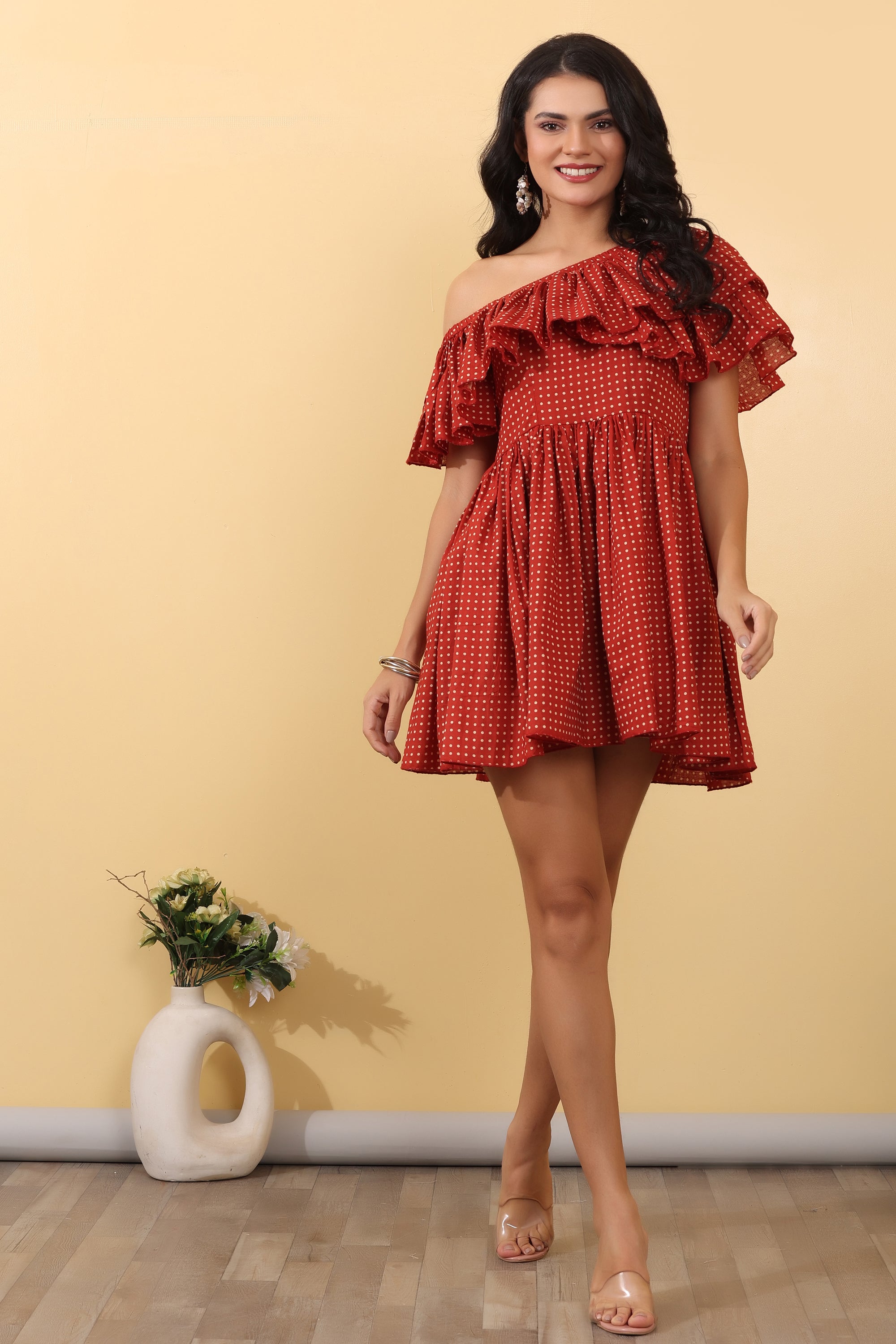 Cherry Ruffle Mini Dress for Women | Red One Shoulder Party Wear
