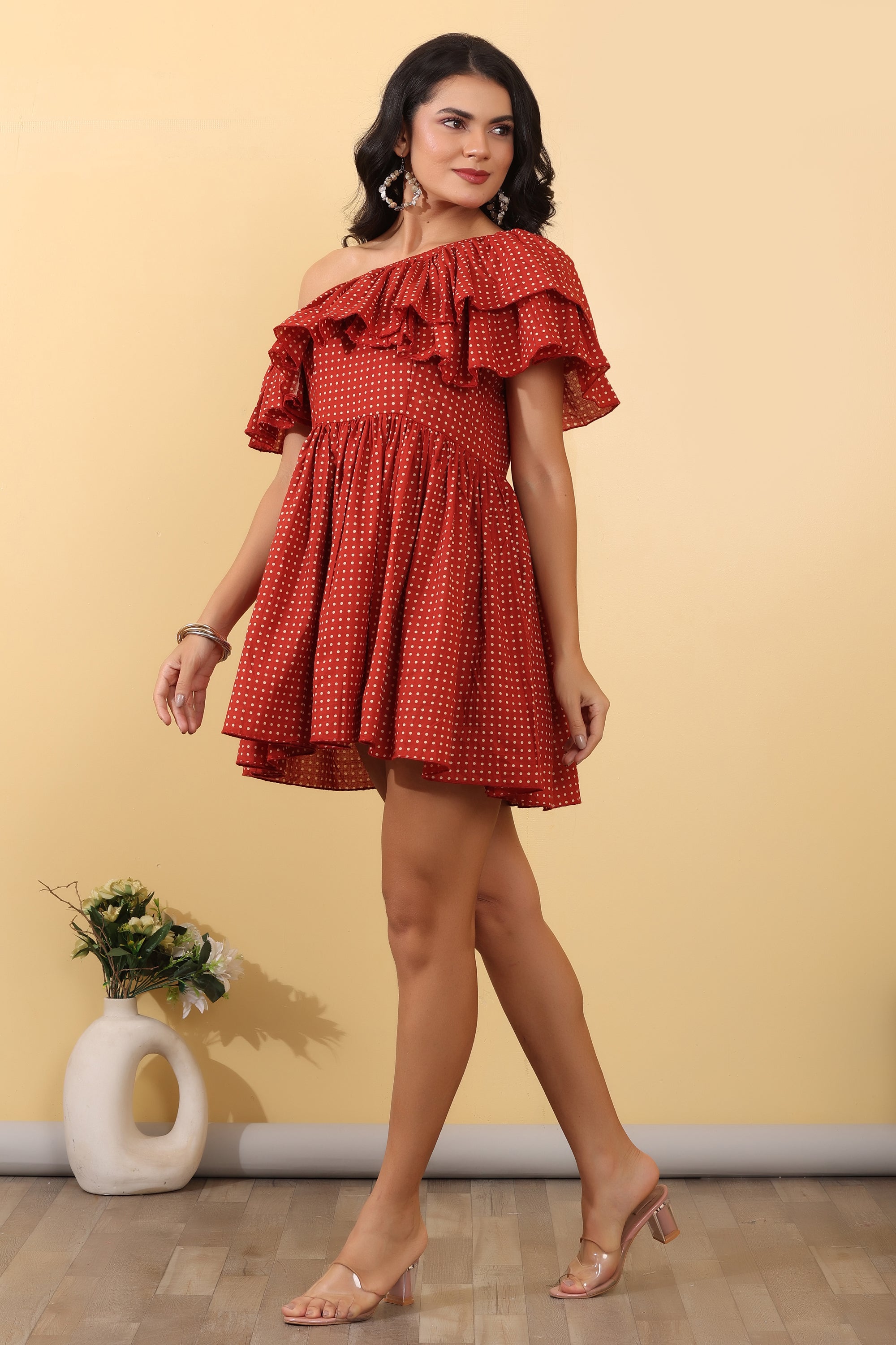 Cherry Ruffle Mini Dress for Women | Red One Shoulder Party Wear