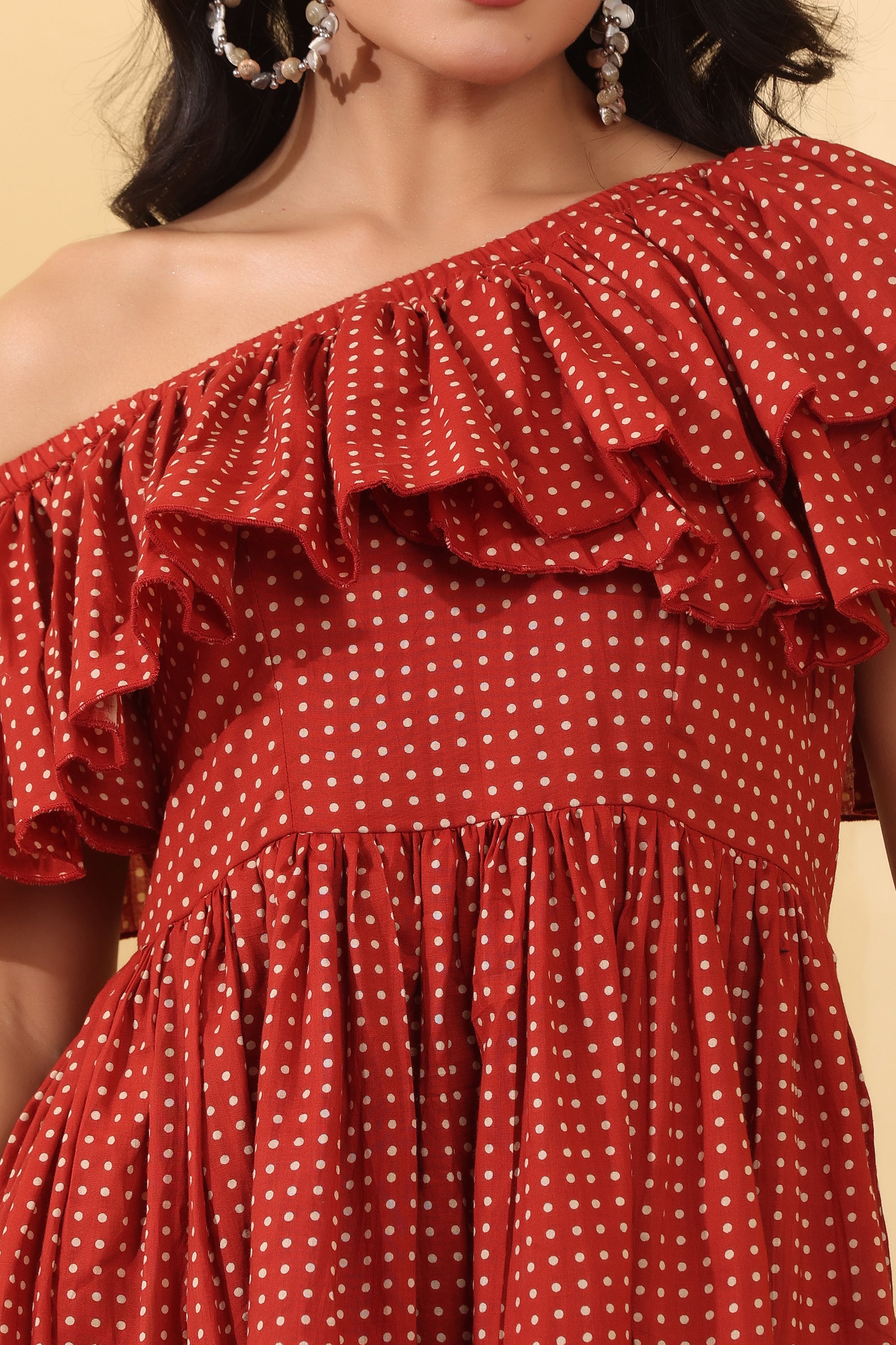 Cherry Ruffle Mini Dress for Women | Red One Shoulder Party Wear