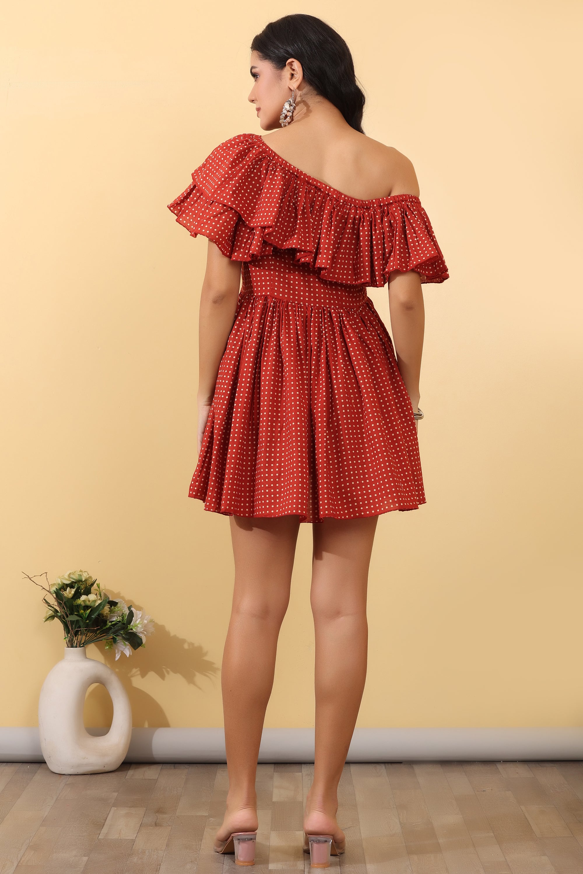 Cherry Ruffle Mini Dress for Women | Red One Shoulder Party Wear