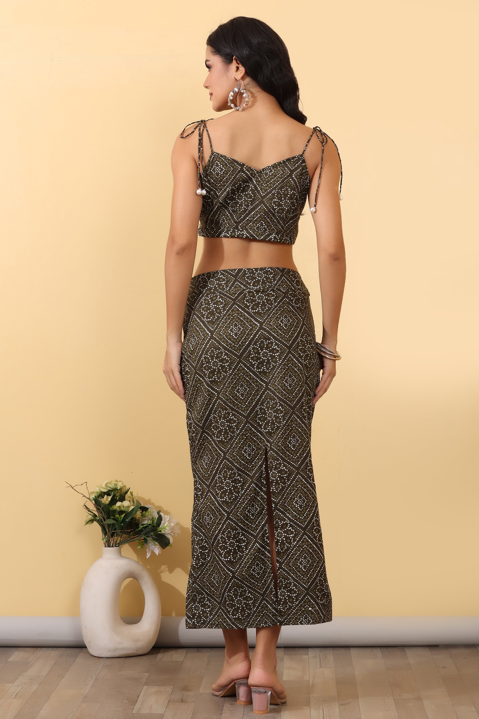 Olive Ethnic Luxe Set for Women | Printed Crop Top & Skirt Co-Ord Set