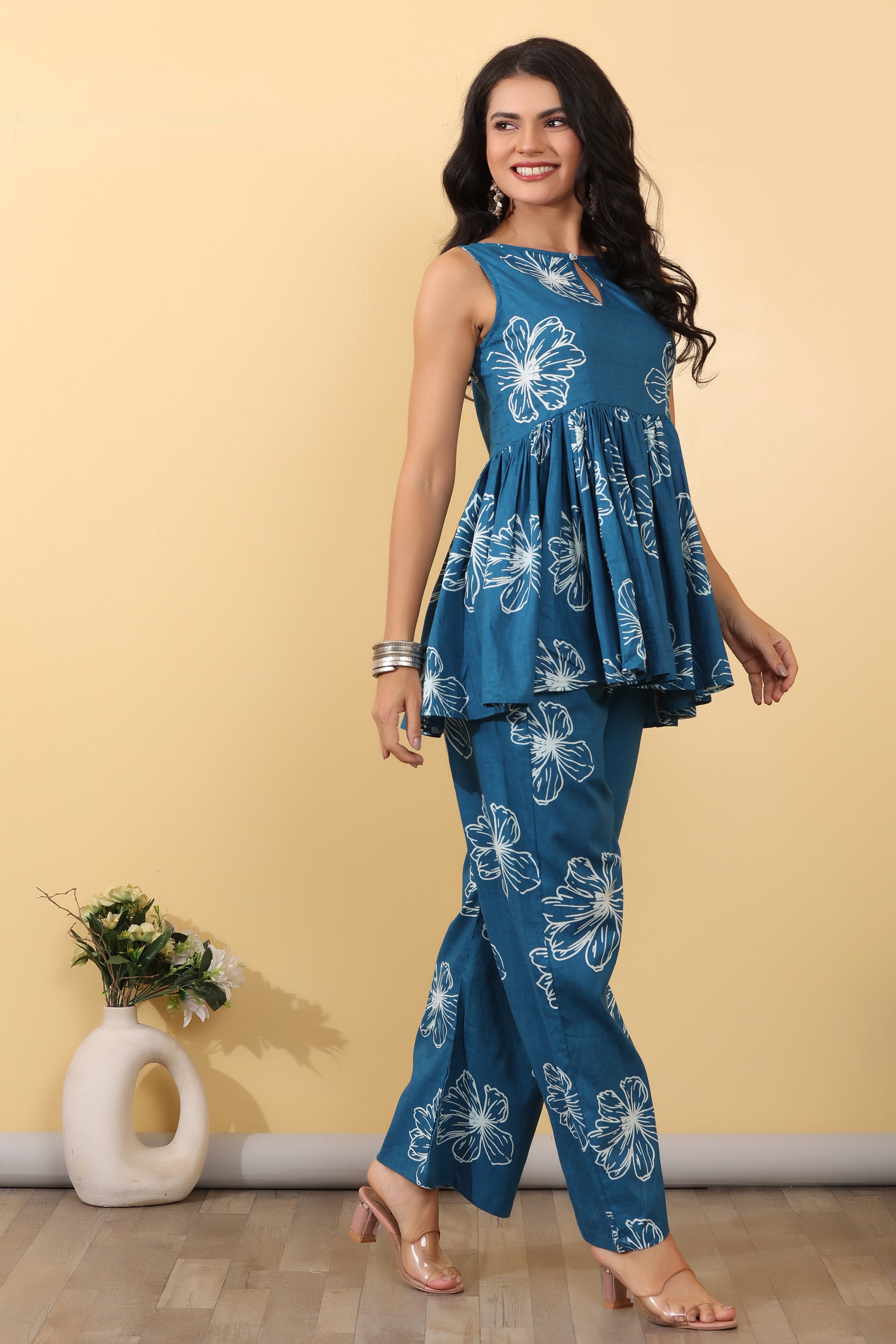 Sky Bloom Co-Ord Set for Women | Floral Printed Peplum Top