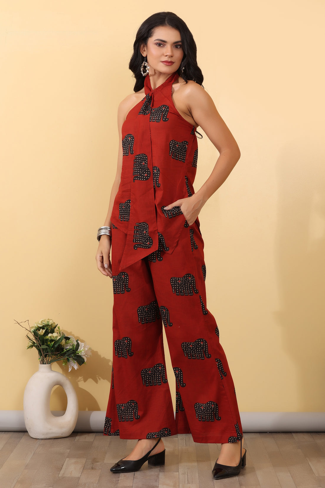 Crimson Elephant Lounge Set for Women | Printed Halter Co-Ord Set