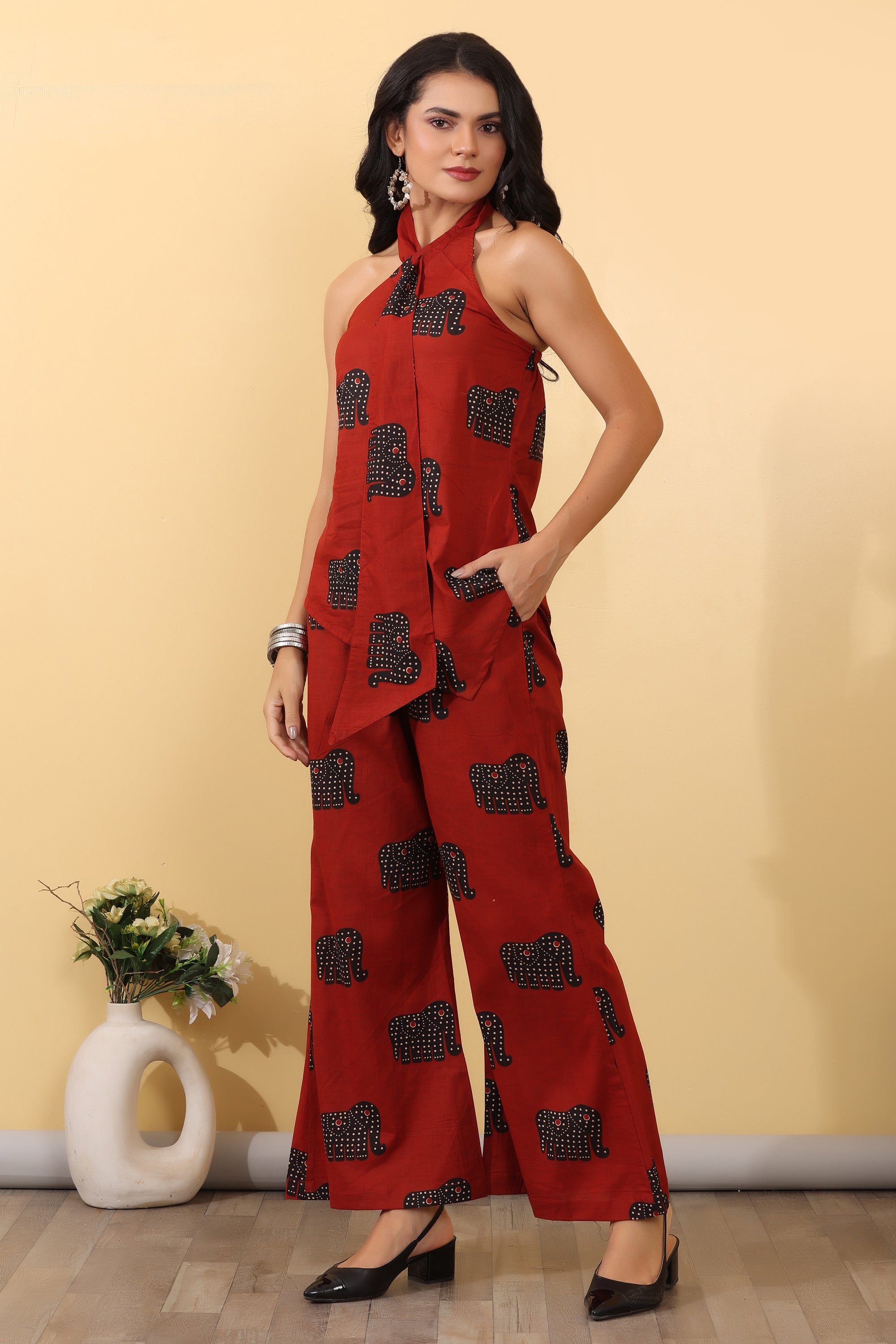 Crimson Elephant Lounge Set for Women | Printed Halter Co-Ord Set