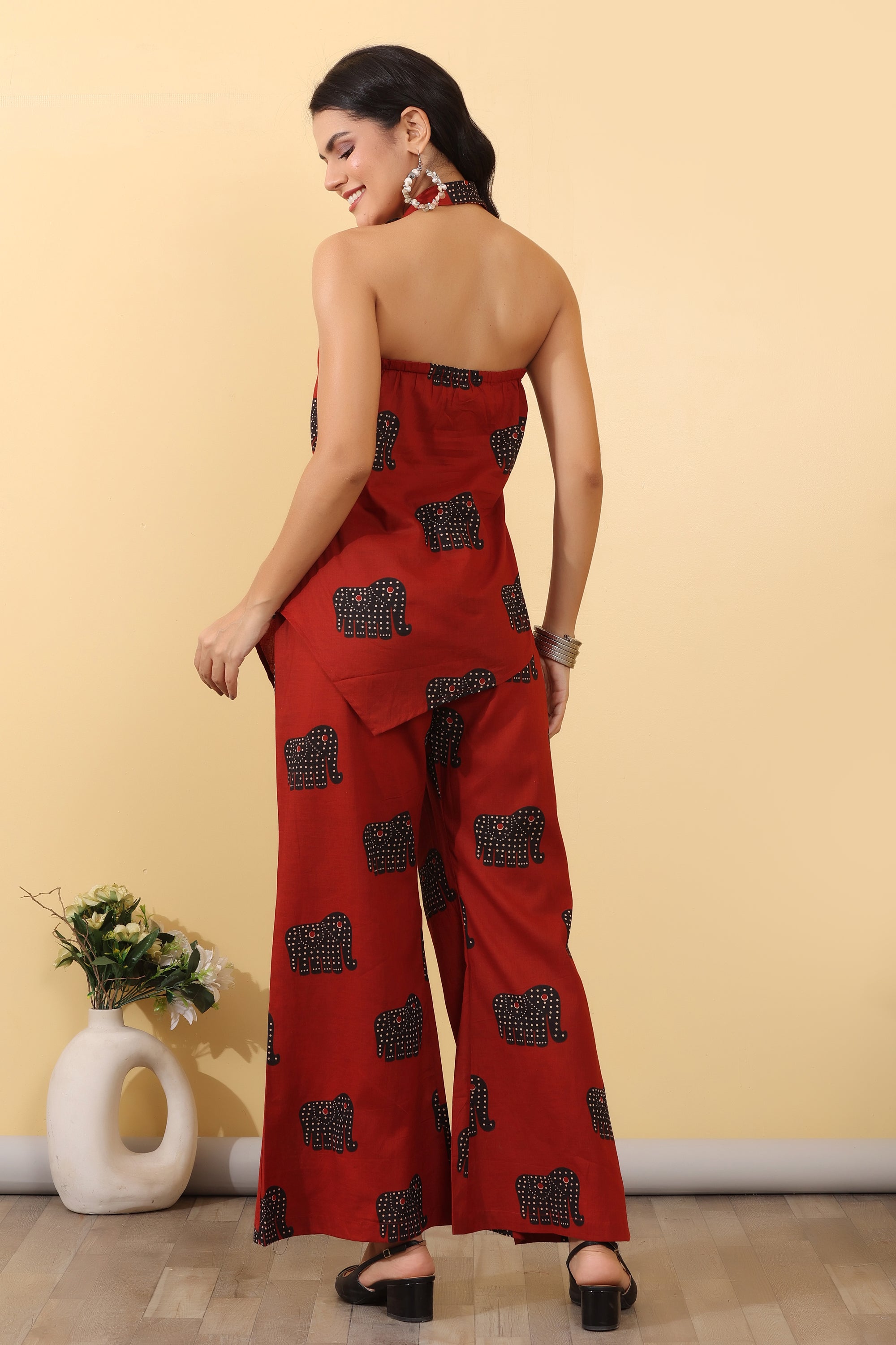 Crimson Elephant Lounge Set for Women | Printed Halter Co-Ord Set