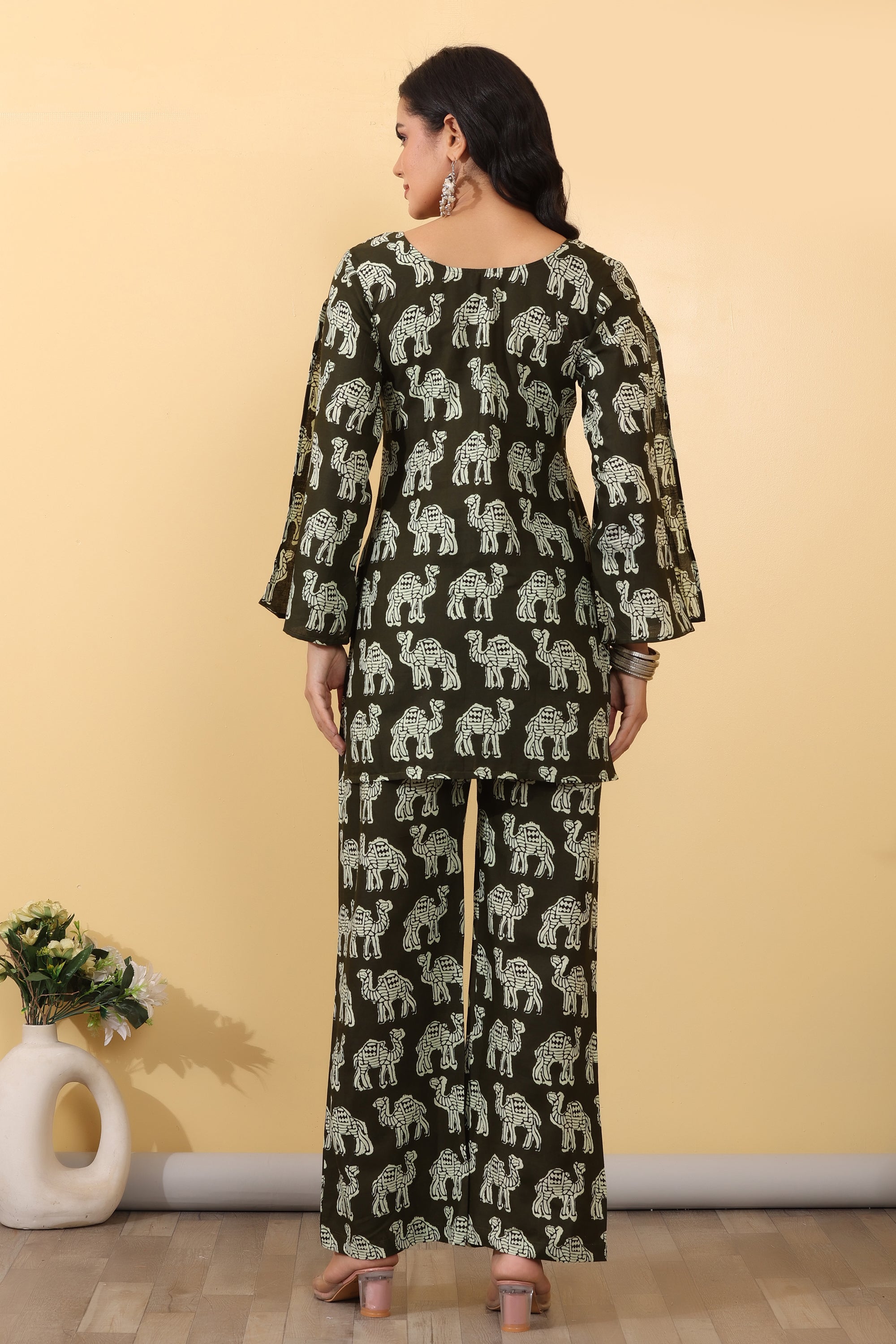 Olive Ethnic Luxe Set for Women | Printed Crop Top & Skirt Co-Ord Set