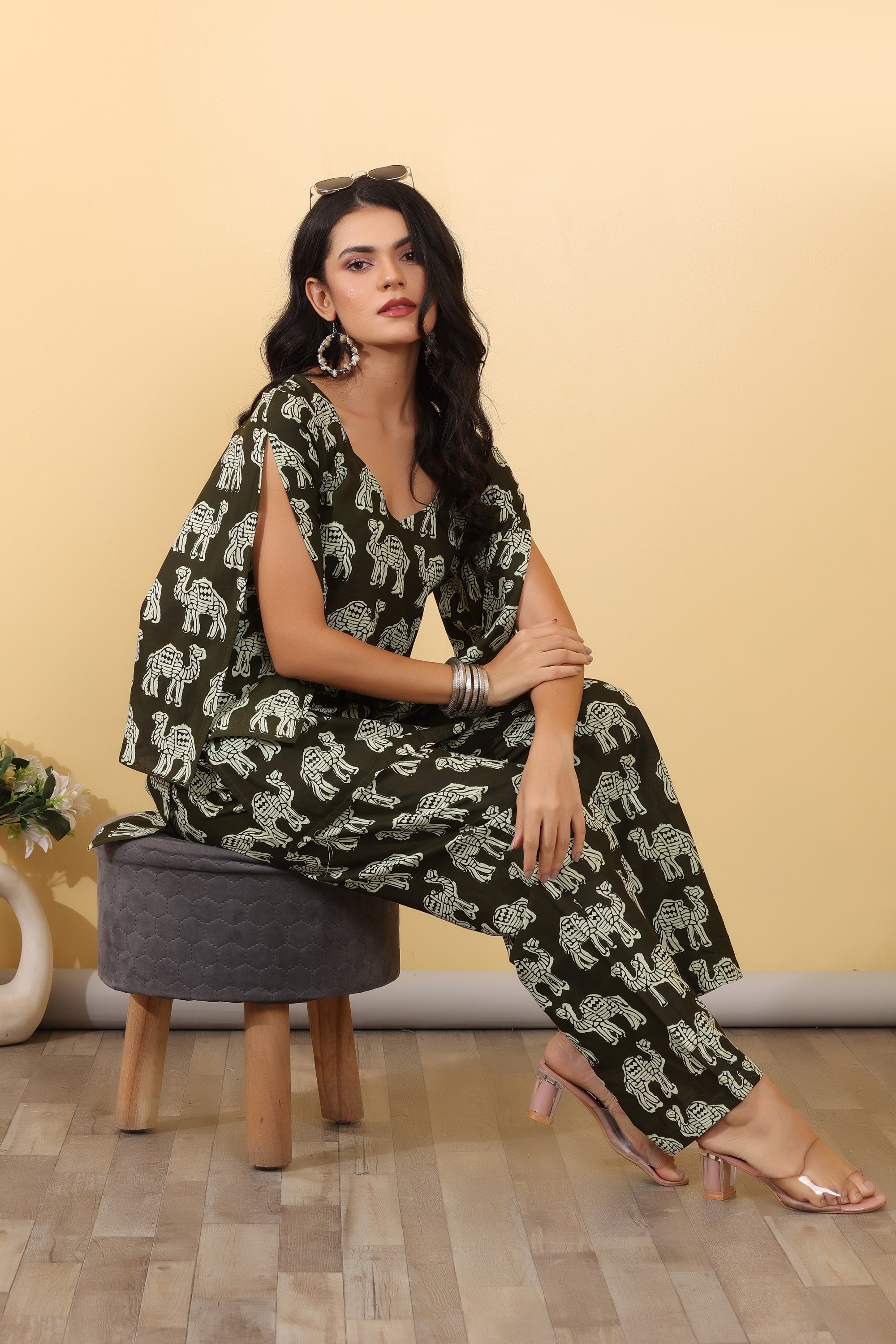 Olive Ethnic Luxe Set for Women | Printed Crop Top & Skirt Co-Ord Set