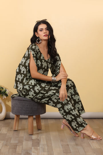 Olive Ethnic Luxe Set for Women | Printed Crop Top & Skirt Co-Ord Set
