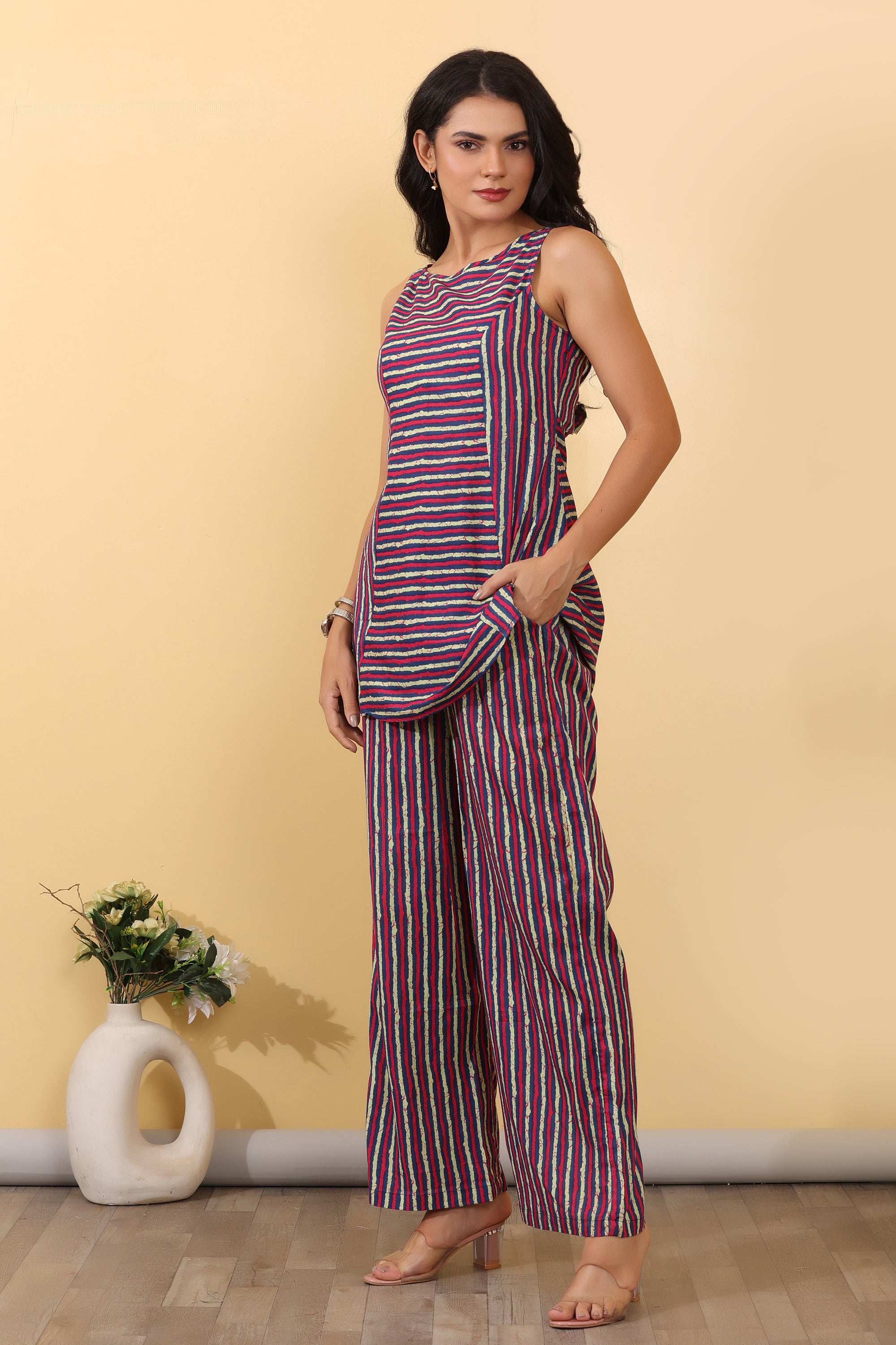 Artistic Lines Co-Ord Set for Women | Striped Sleeveless Top & Pants Set