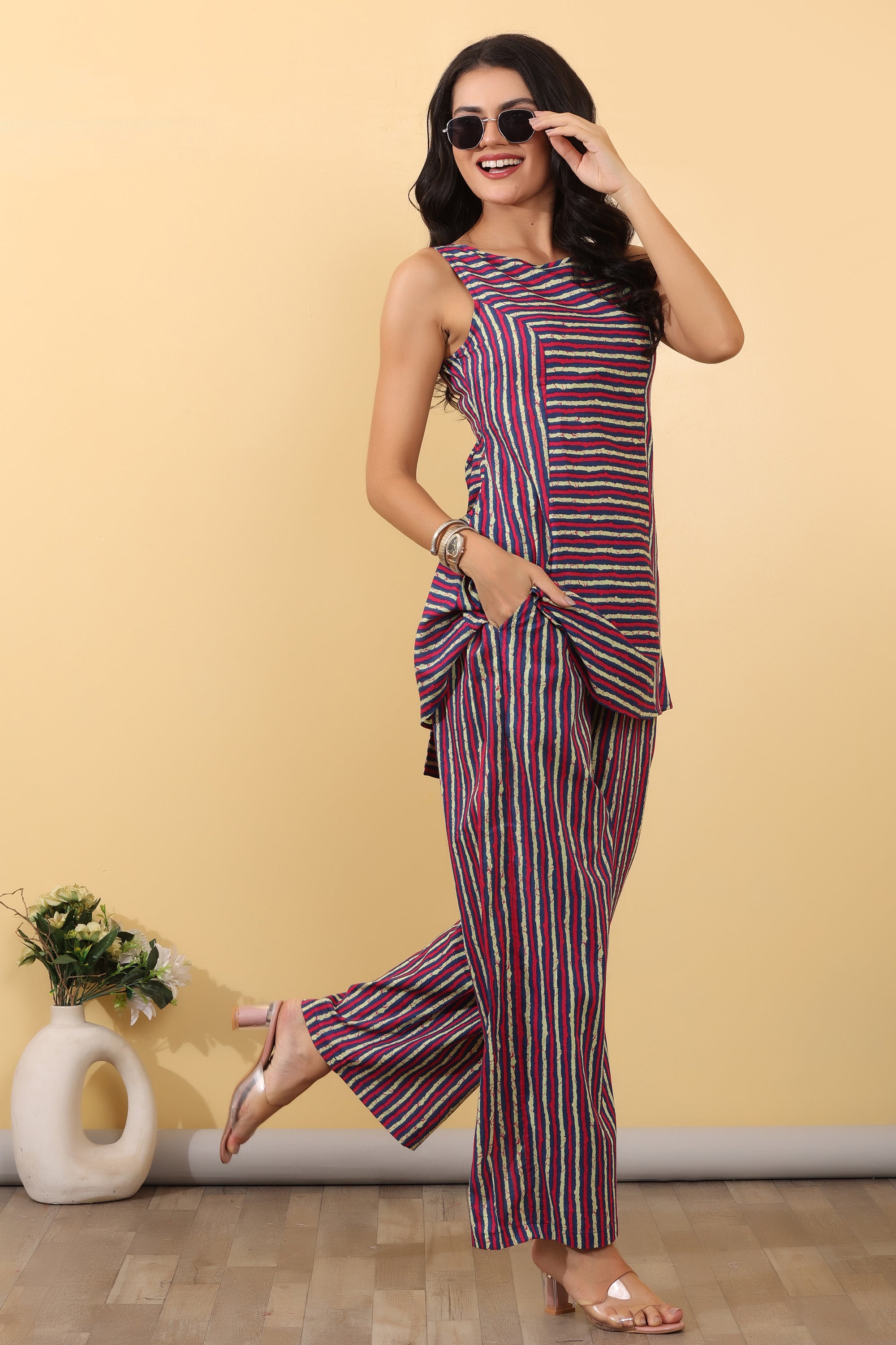 Artistic Lines Co-Ord Set for Women | Striped Sleeveless Top & Pants Set