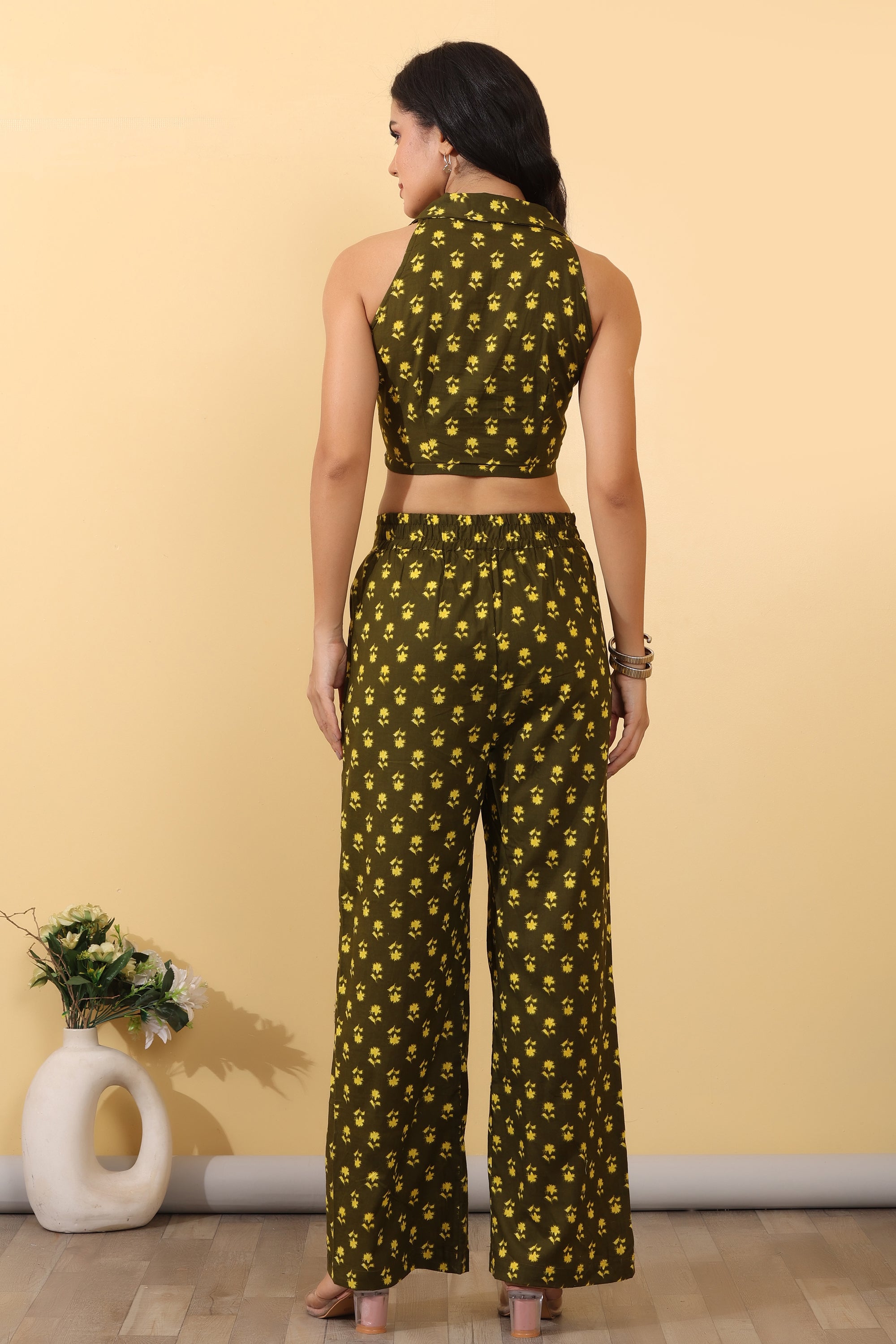 Retro Floral Co-Ord Set for Women | Printed Crop Top & Wide Leg Pants