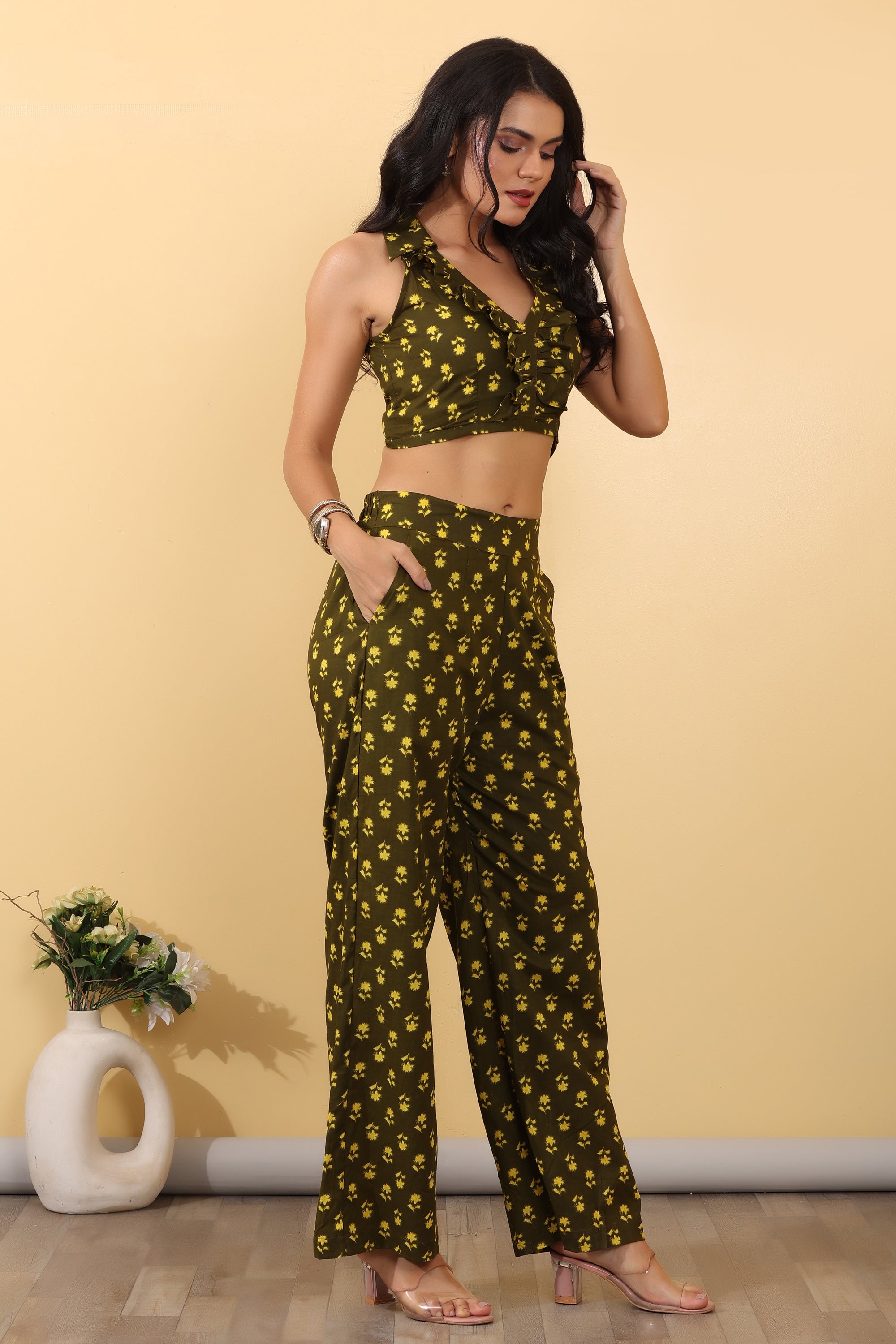Retro Floral Co-Ord Set for Women | Printed Crop Top & Wide Leg Pants