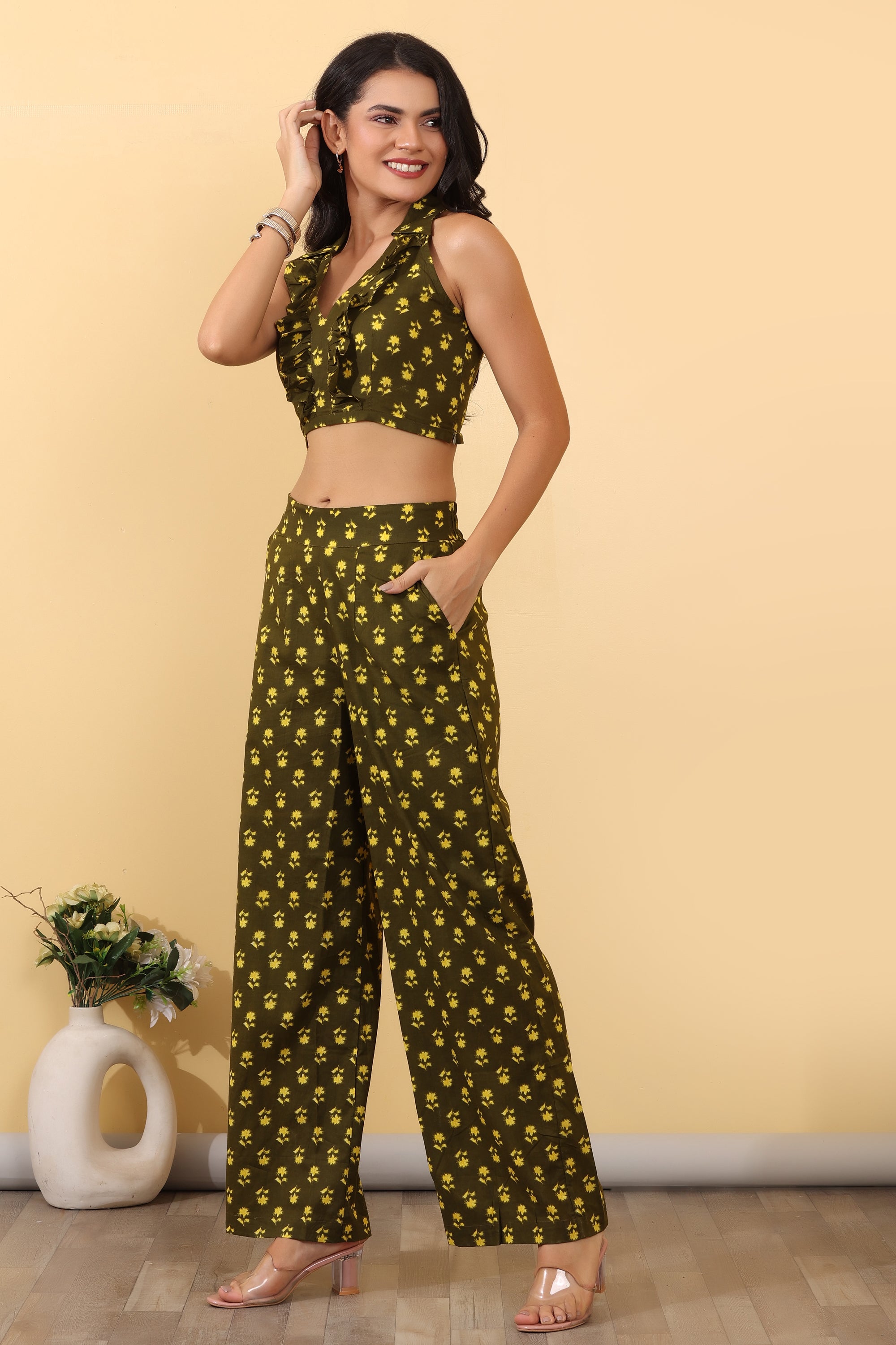 Retro Floral Co-Ord Set for Women | Printed Crop Top & Wide Leg Pants