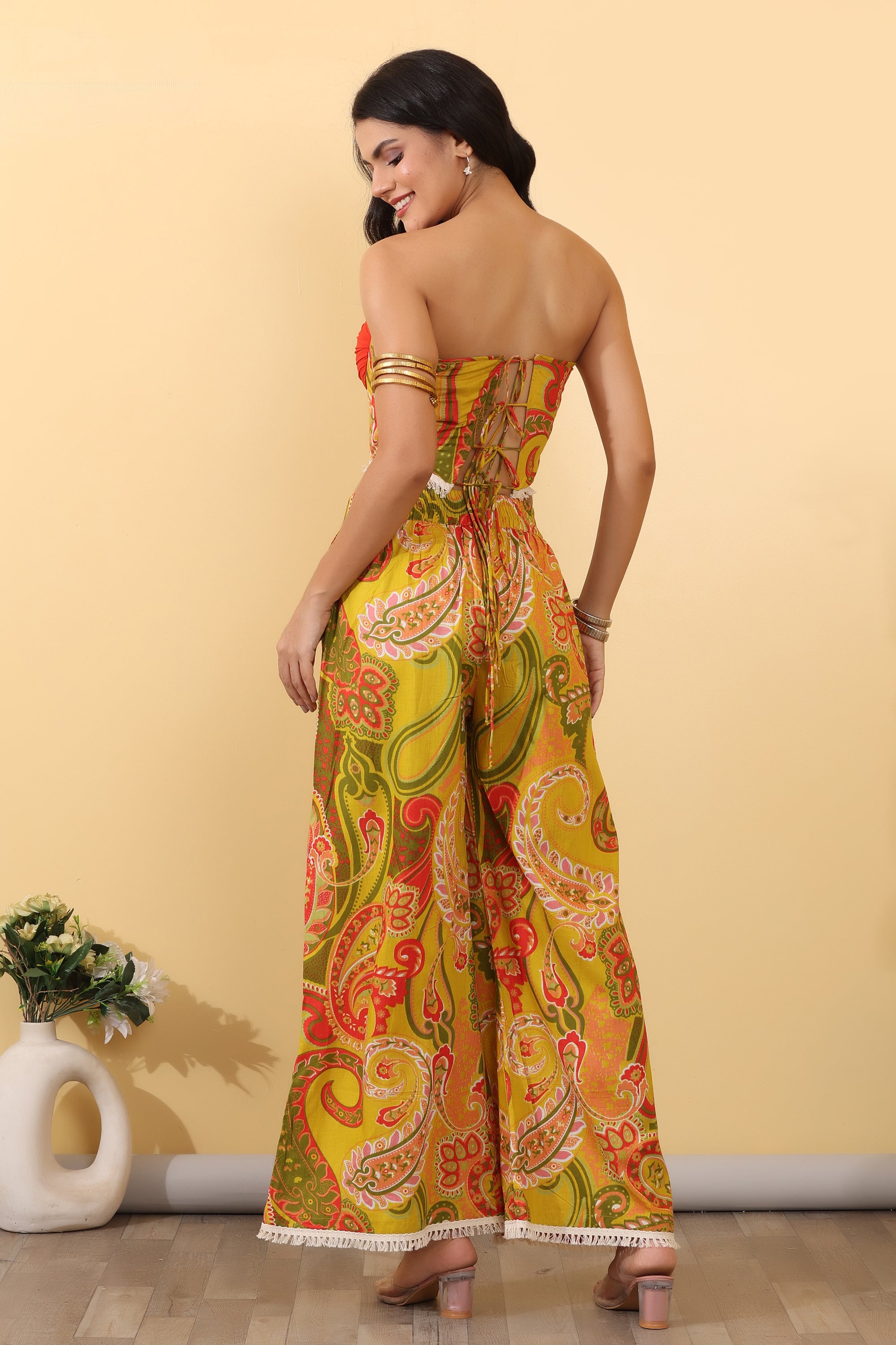 Citrus Muse Twin Set for Women | Printed Crop Top & Wide Leg Pants Co-Ord Set