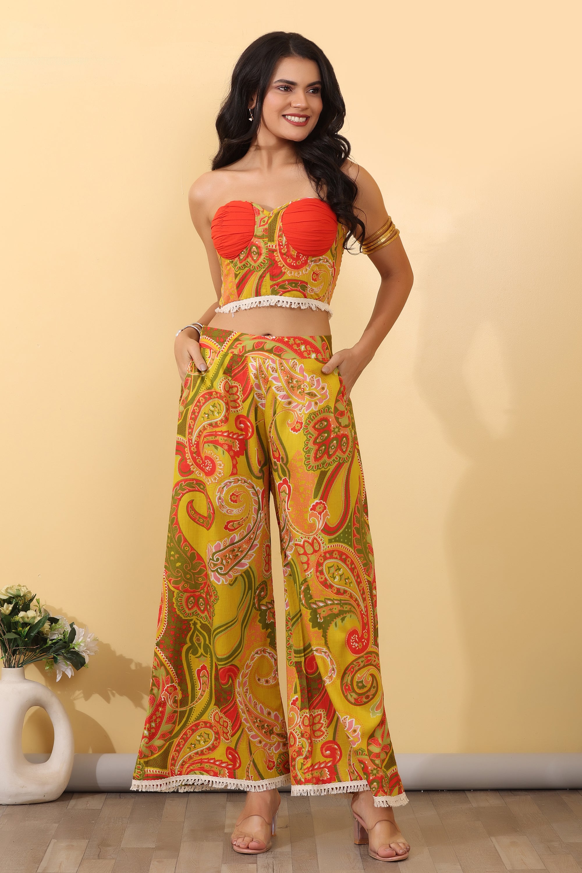 Citrus Muse Twin Set for Women | Printed Crop Top & Wide Leg Pants Co-Ord Set