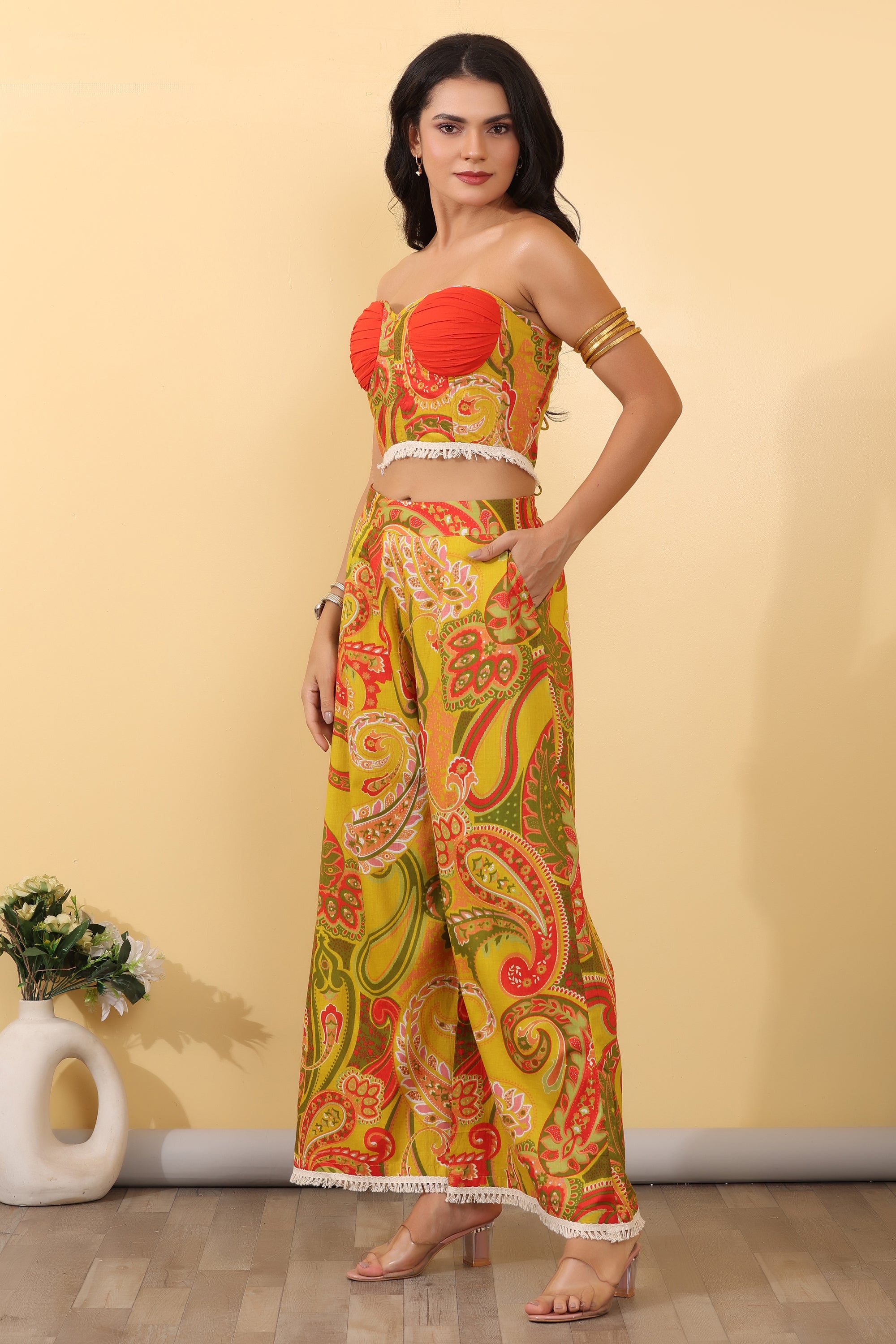 Citrus Muse Twin Set for Women | Printed Crop Top & Wide Leg Pants Co-Ord Set