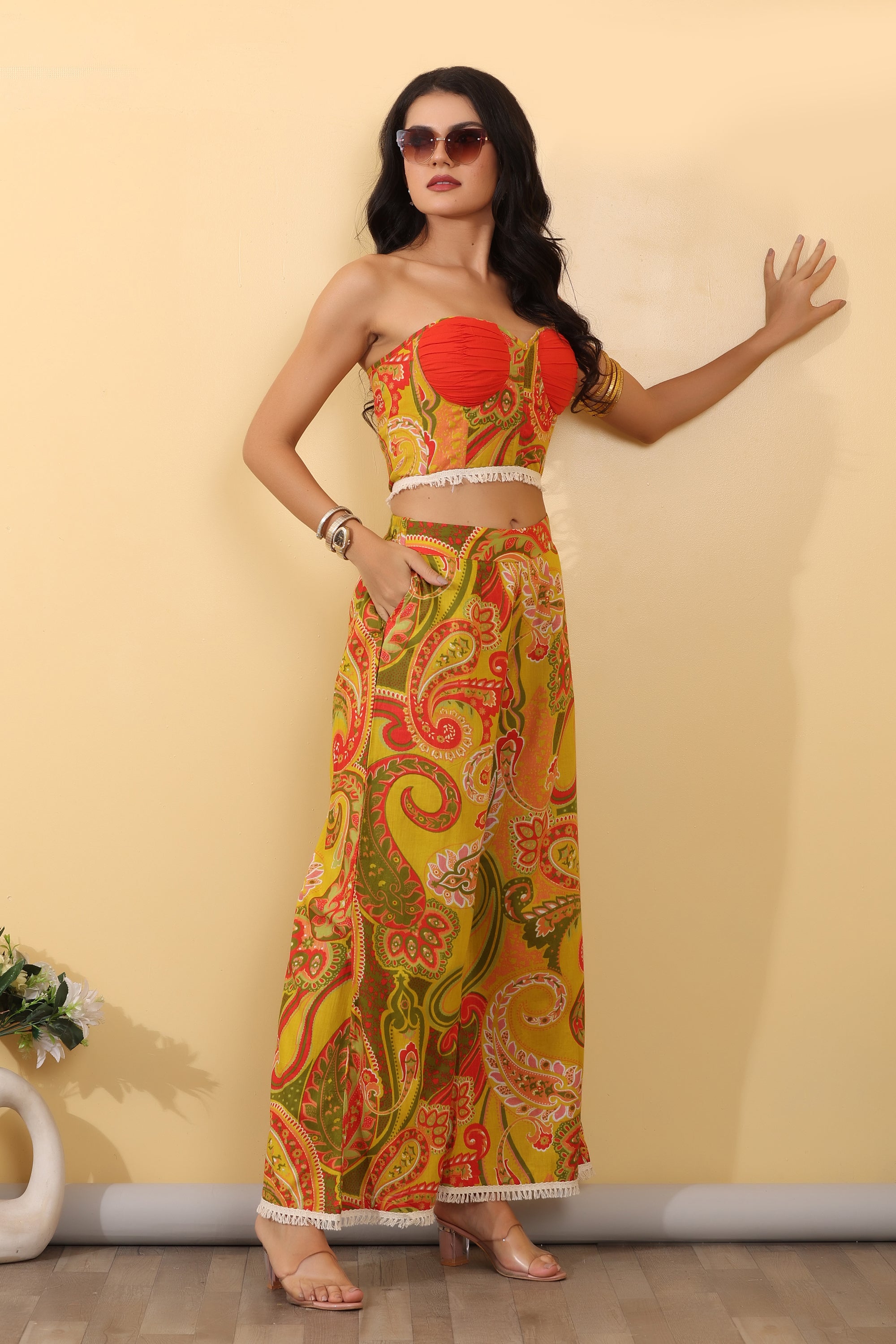 Citrus Muse Twin Set for Women | Printed Crop Top & Wide Leg Pants Co-Ord Set