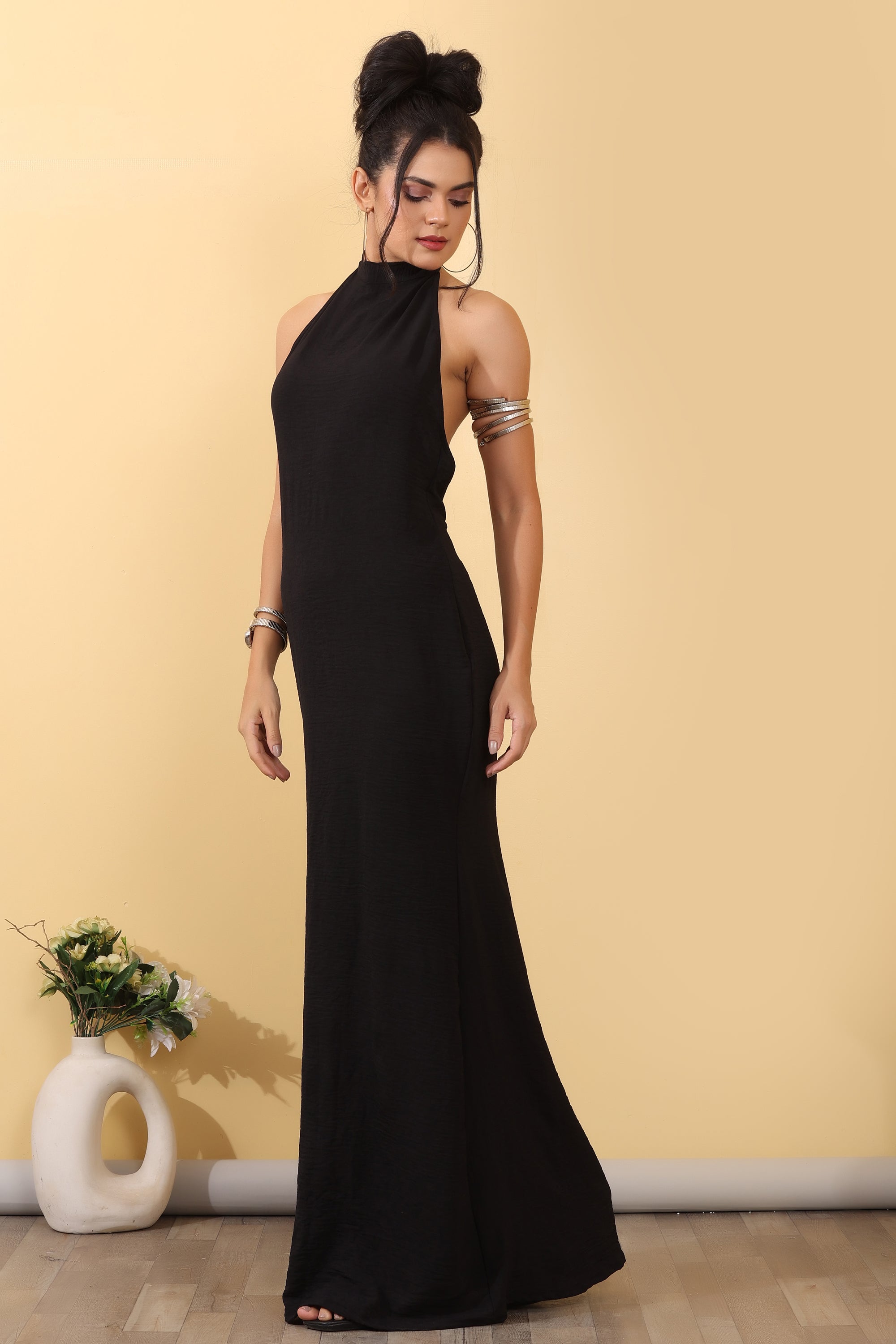 Black Sawan Halter Dress for Women | Elegant Bodycon Maxi Dress