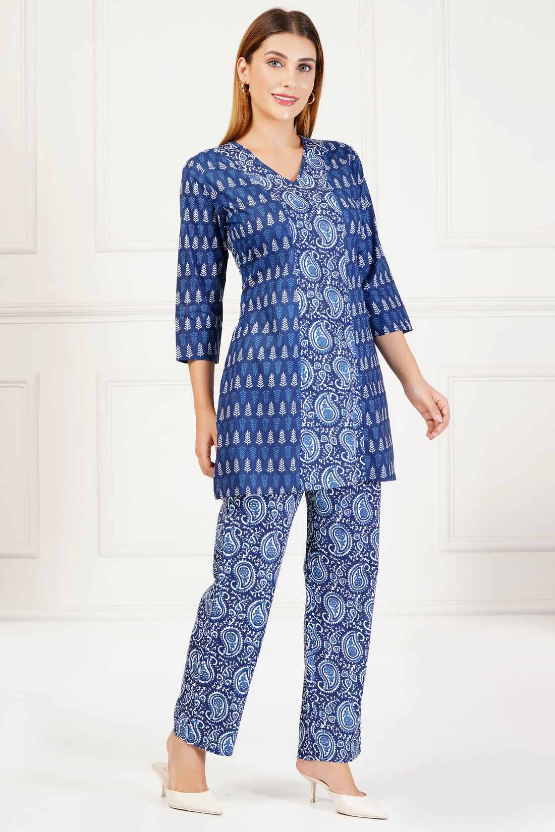 Ethnoza Blue Paisley & Leaf Print Co-Ord Set – Serene Bloom Edition