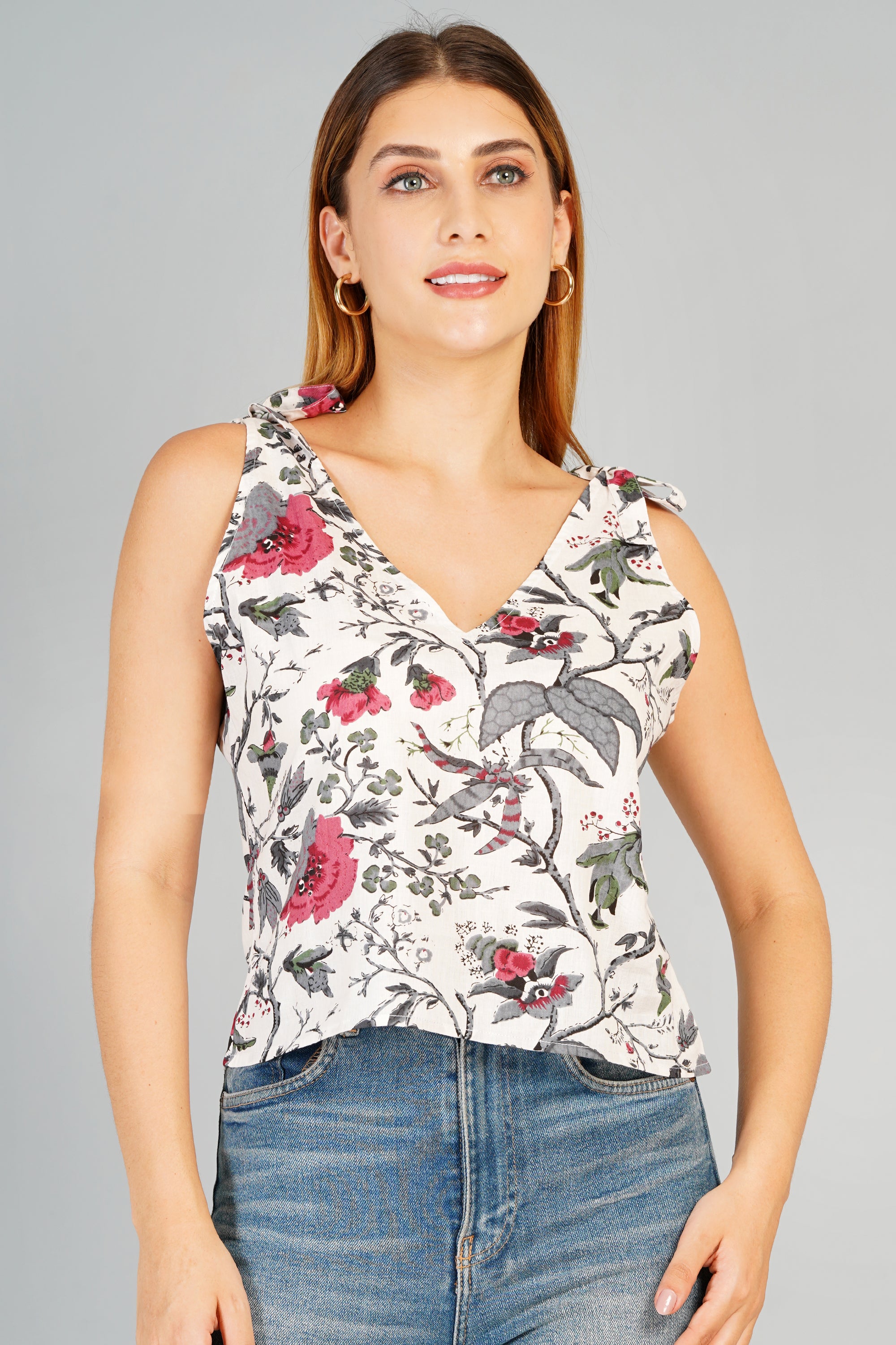 Ethnoza White Floral Sleeveless Crop Top – Summer Bloom Edition