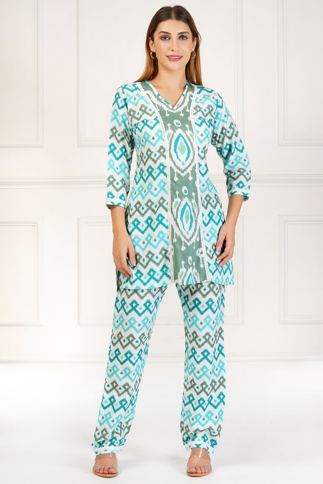 Ethnoza Aqua Green Ikat Print Co-Ord Set – Timeless Threads Edition