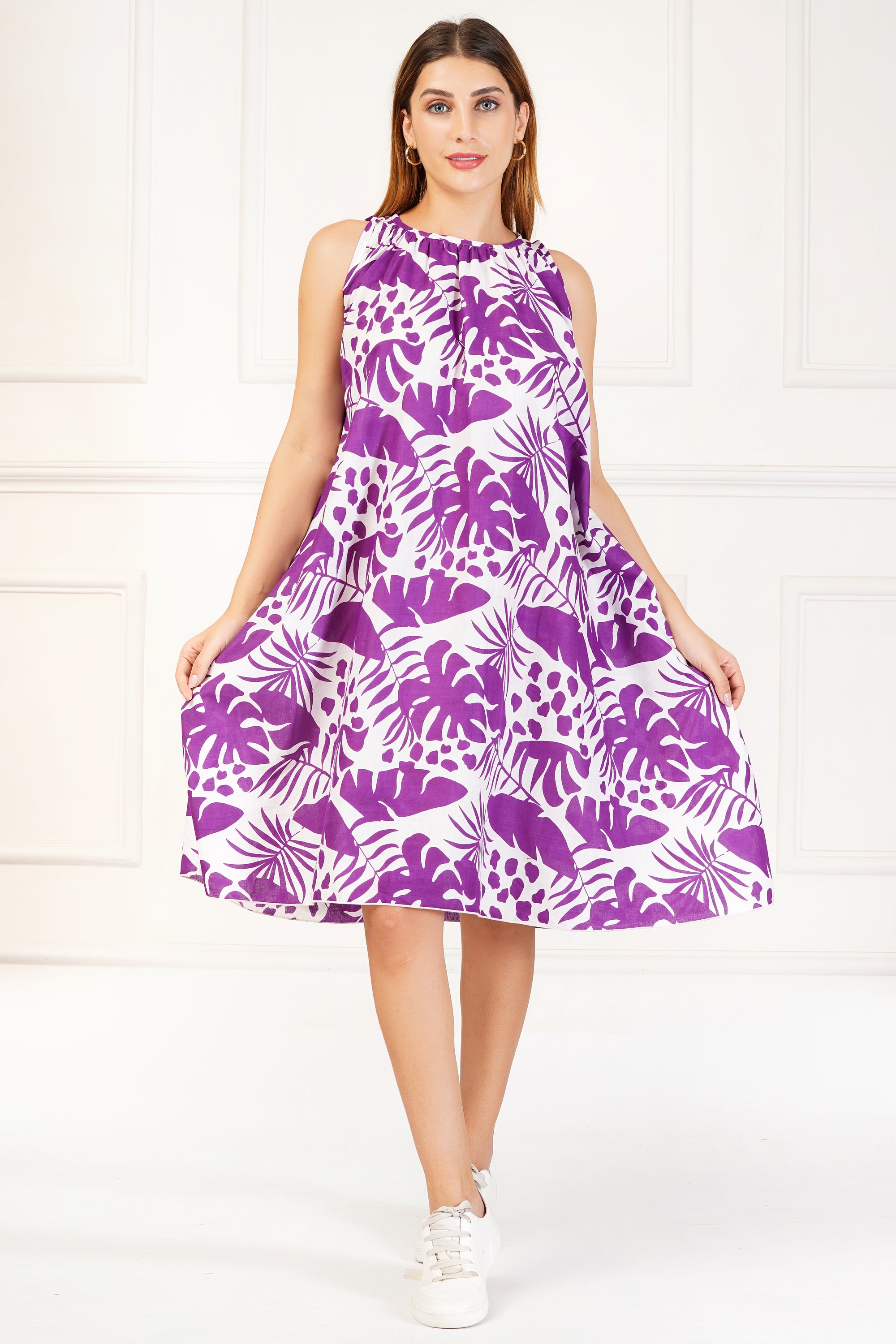Women's Purple Tropical Print Sleeveless Dress – Island Bloom Collection