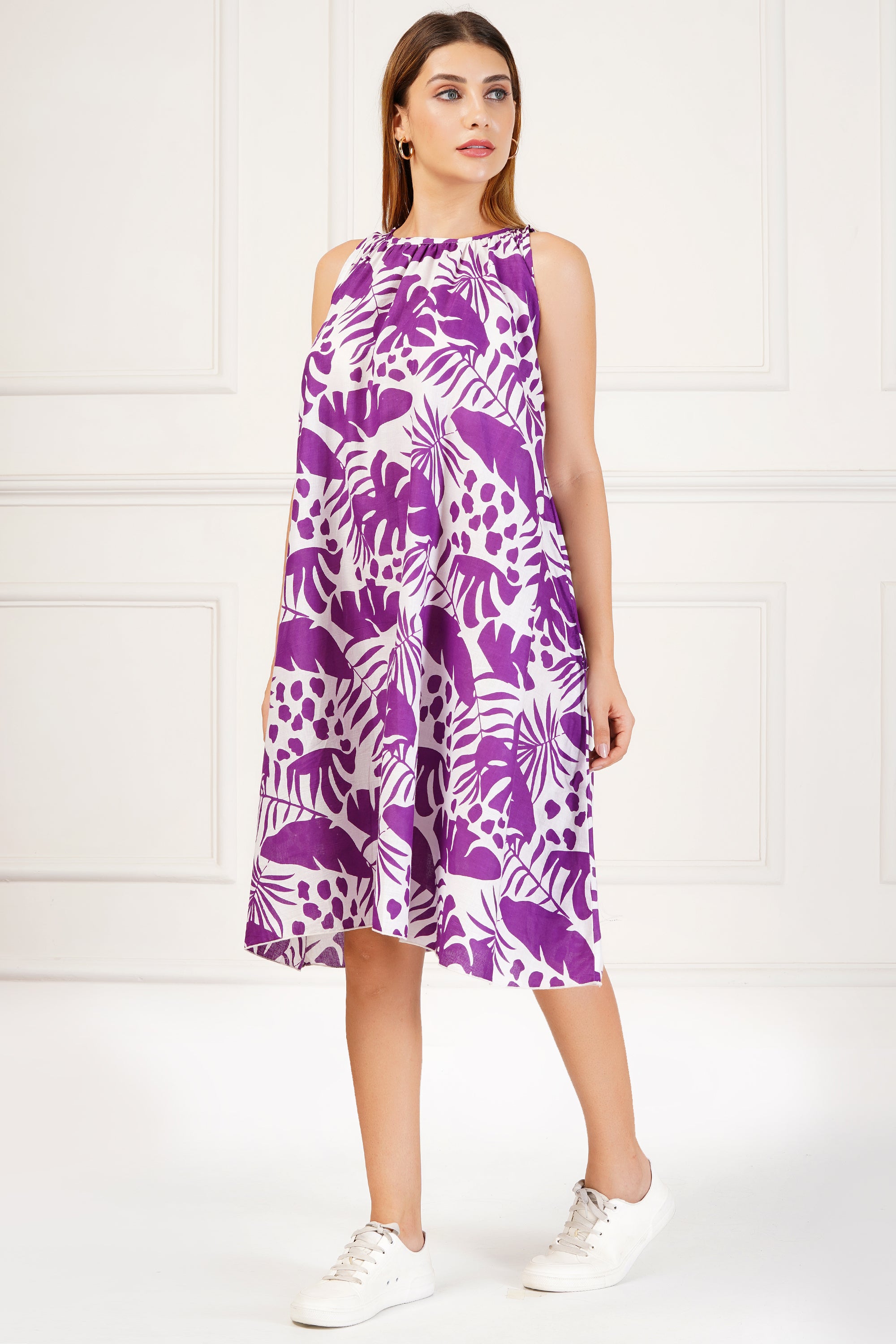 Women's Purple Tropical Print Sleeveless Dress – Island Bloom Collection