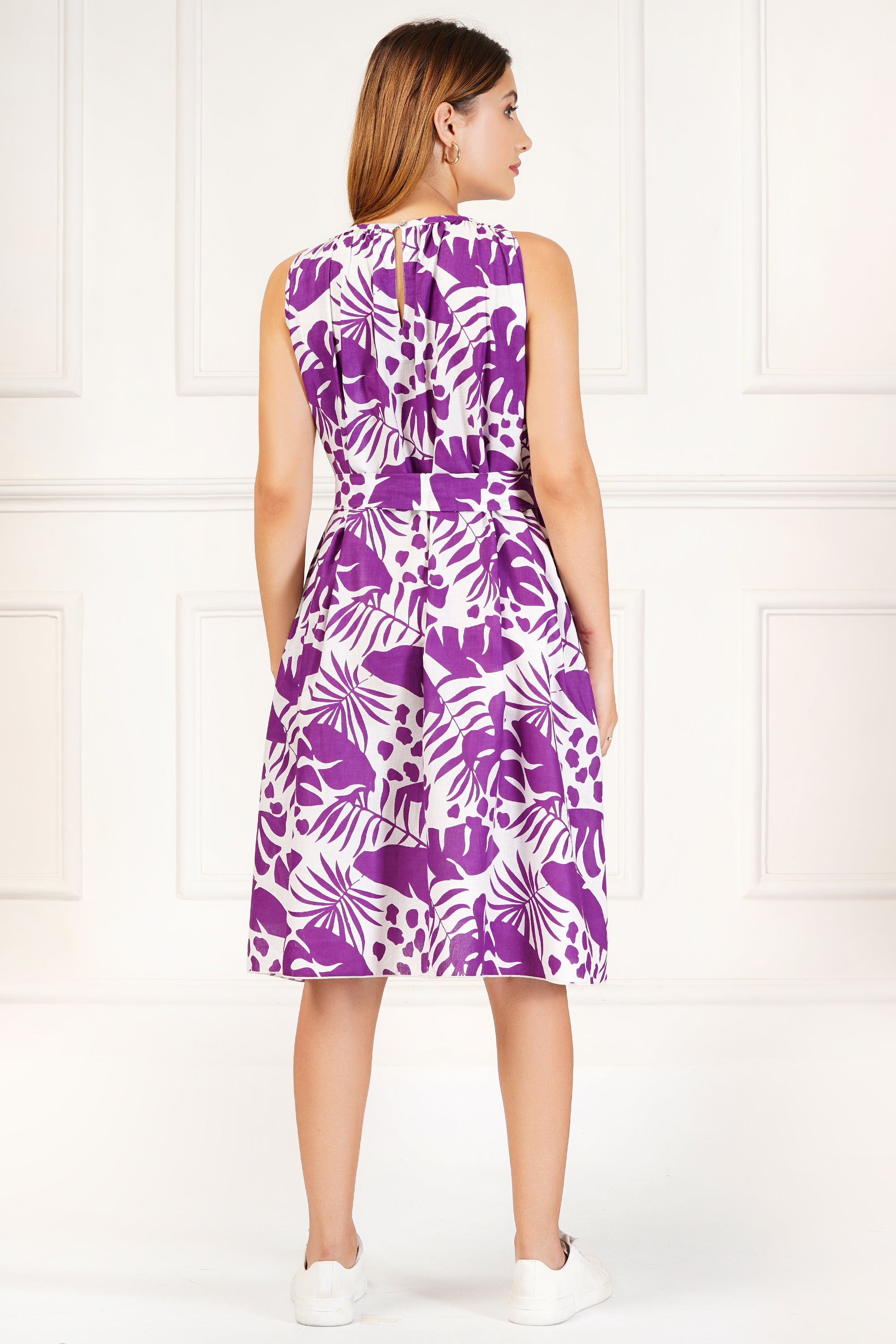 Women's Purple Tropical Print Sleeveless Dress – Island Bloom Collection