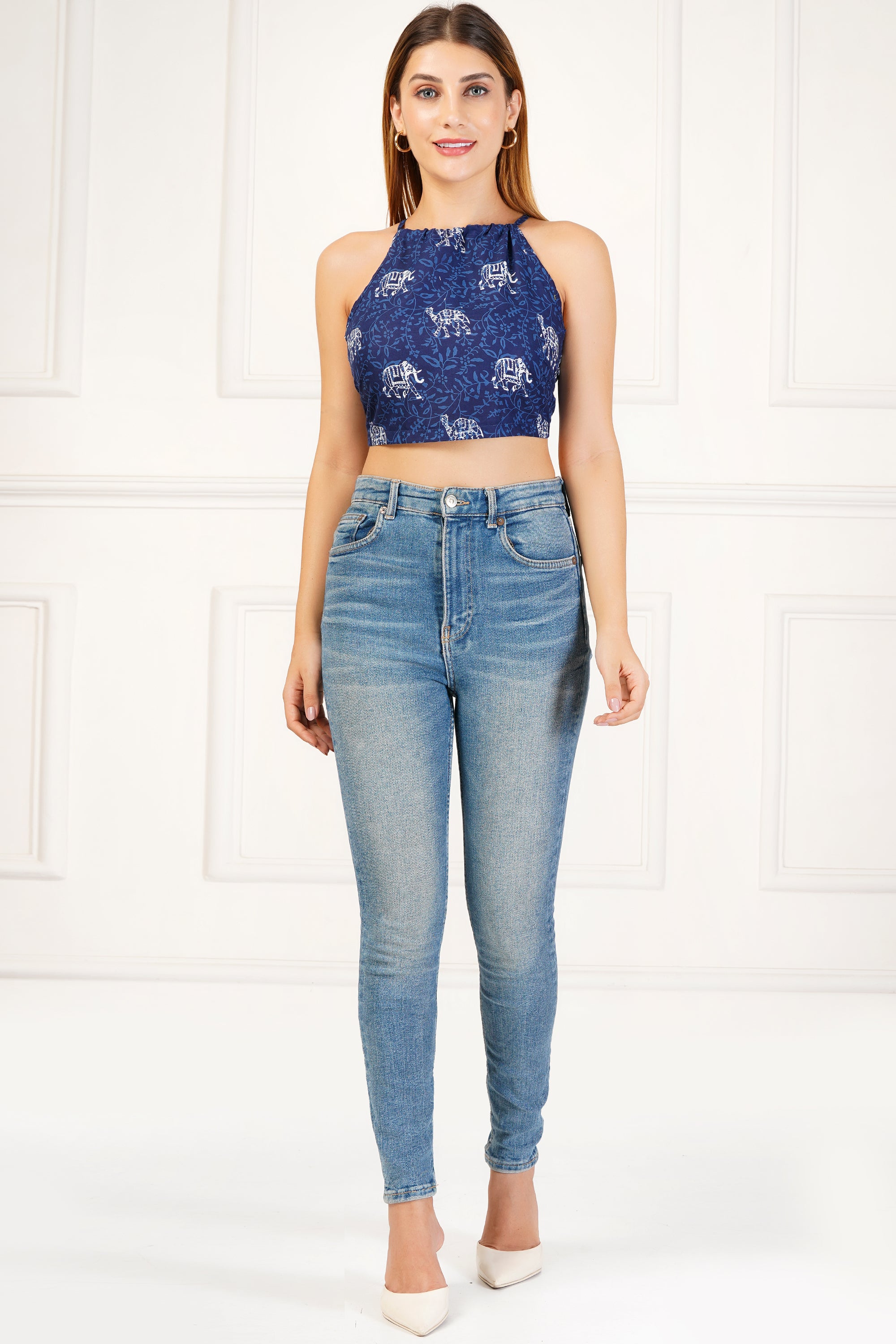 Ethnoza Navy Blue Elephant Motif Halter Crop Top