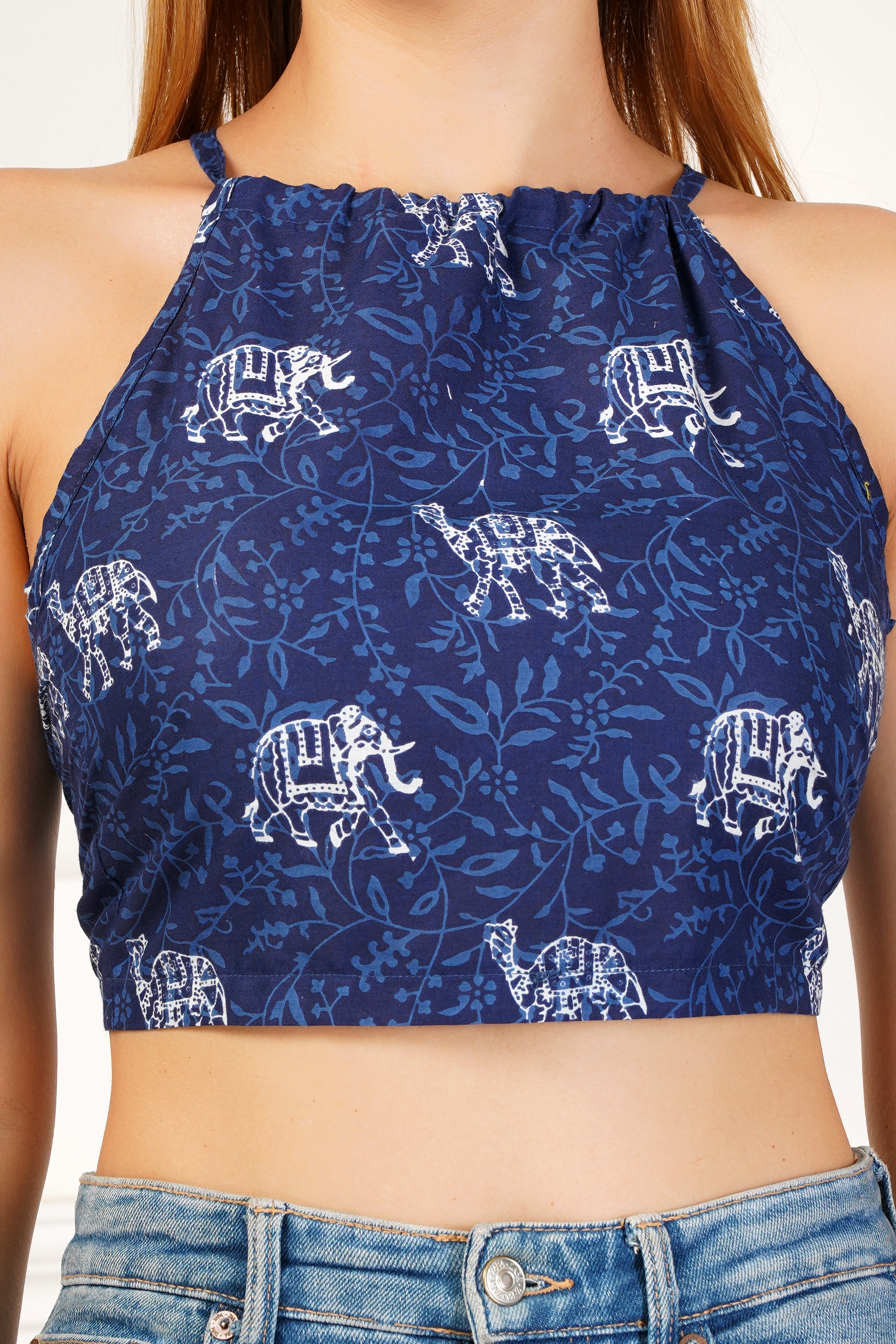 Ethnoza Navy Blue Elephant Motif Halter Crop Top