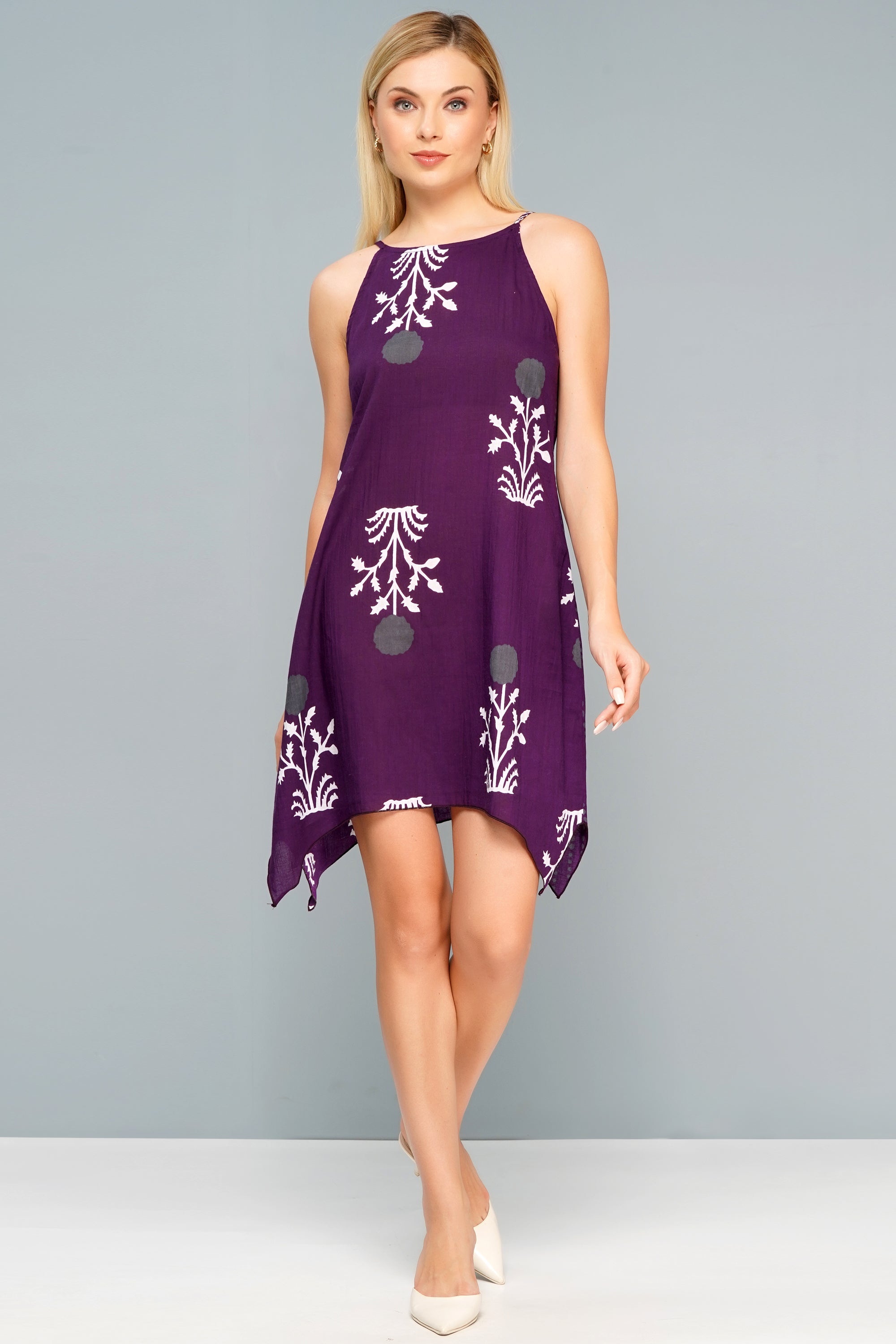 Women's Purple Sleeveless  Hem Dress with Floral print – Boho Summer Casual Dress