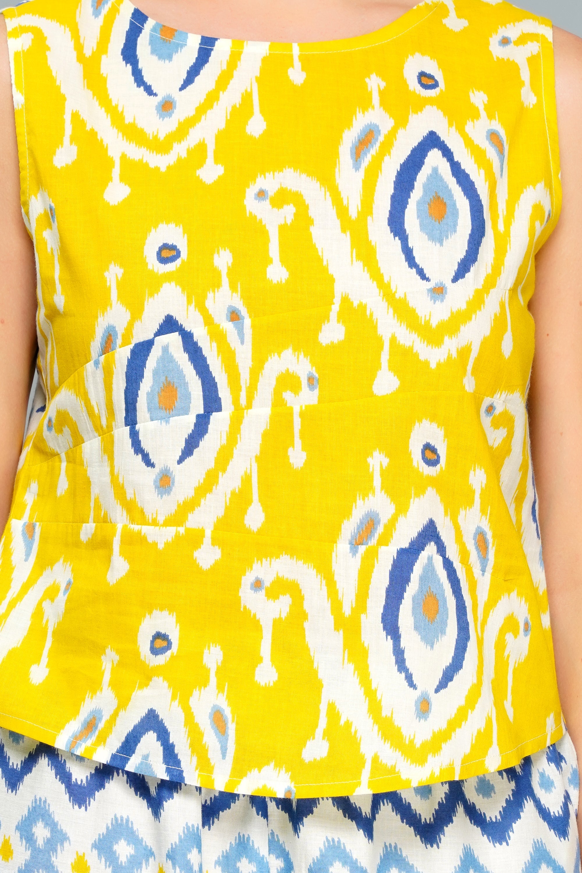 Women's Ikat Print Summer Co-Ord Set - Yellow & Blue Sleeveless Top and Shorts