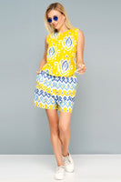 Women's Ikat Print Summer Co-Ord Set - Yellow & Blue Sleeveless Top and Shorts