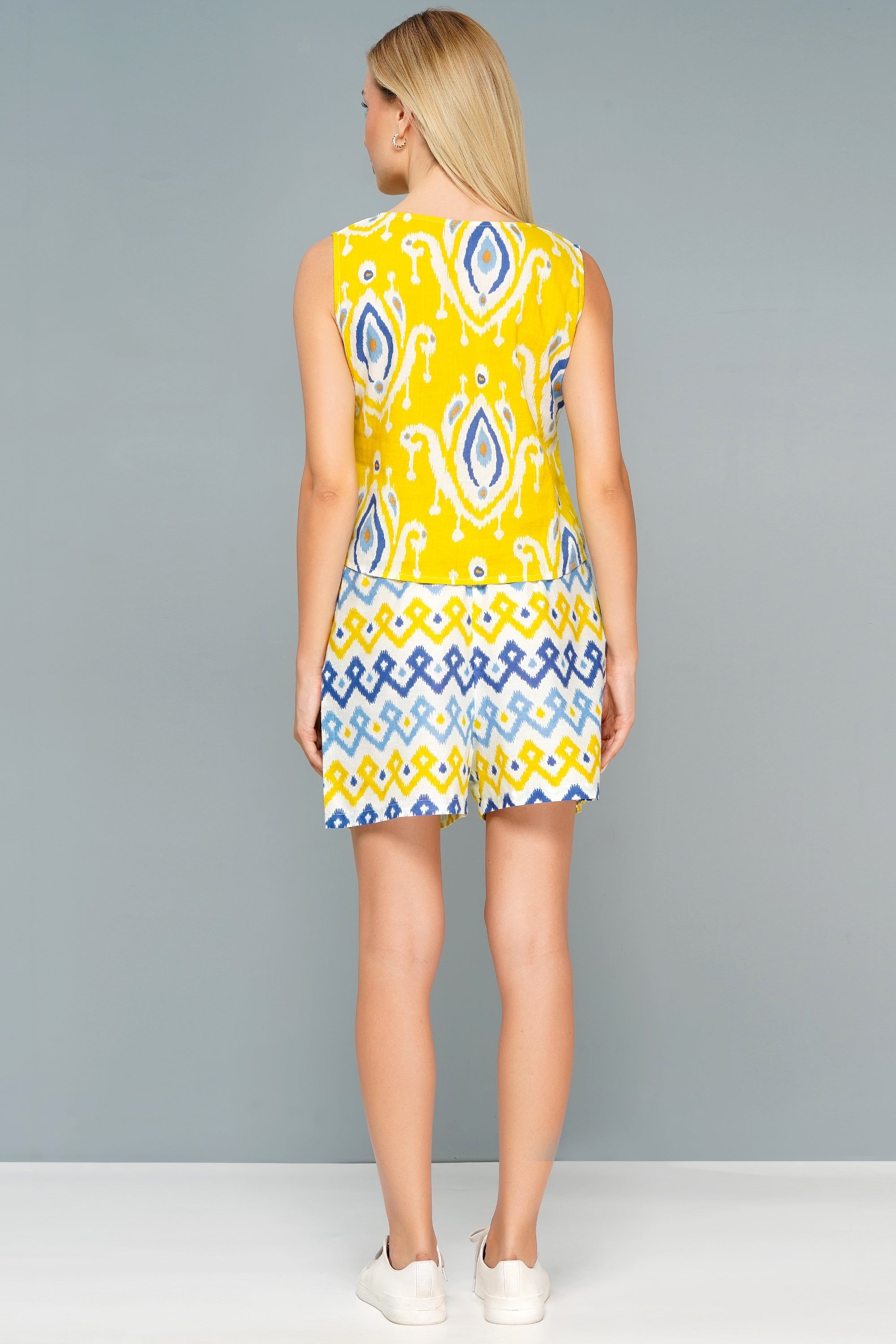 Women's Ikat Print Summer Co-Ord Set - Yellow & Blue Sleeveless Top and Shorts