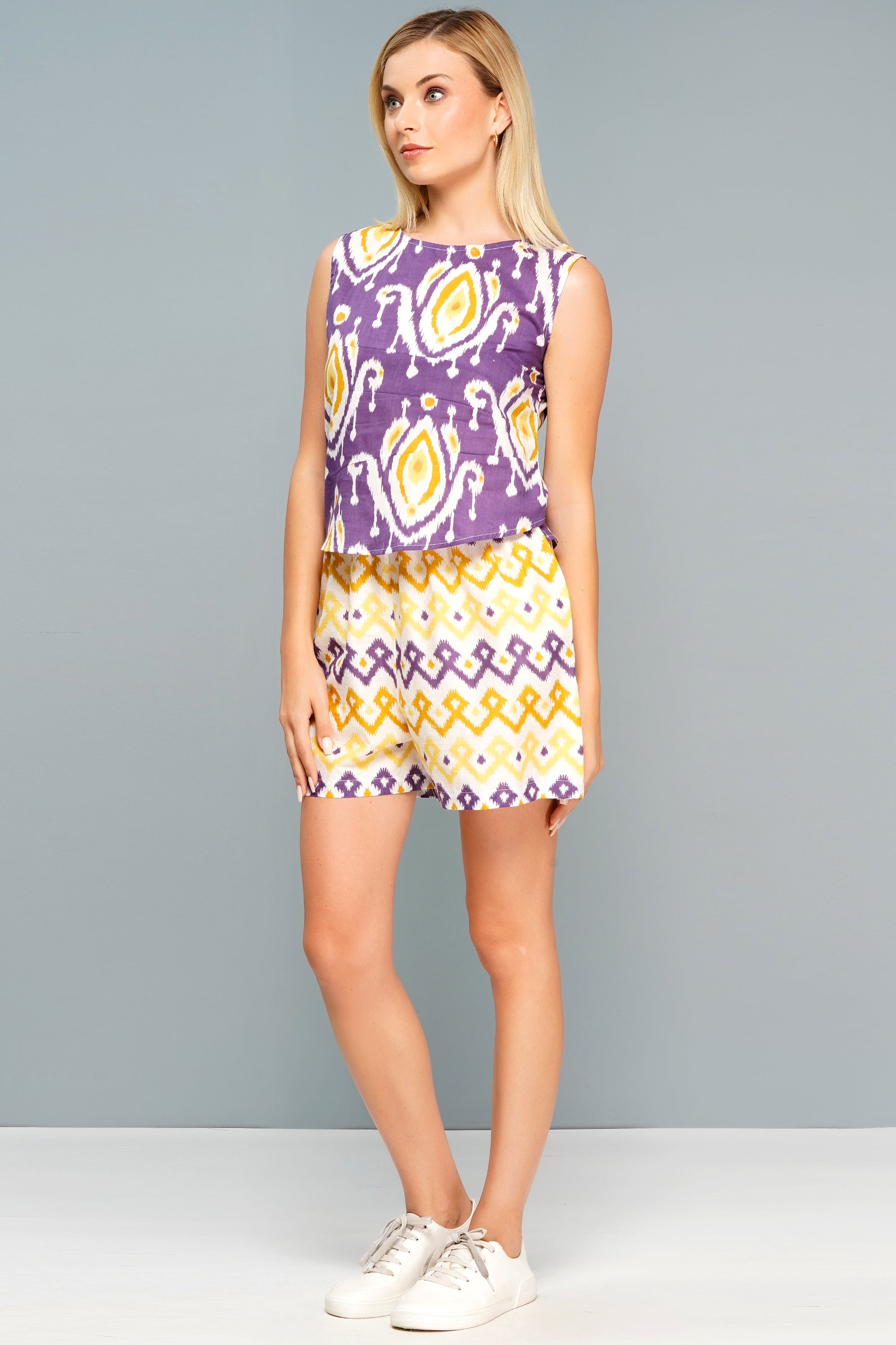 Women's Purple & Yellow Ikat Print Co-Ord Set - Sleeveless Top and Shorts