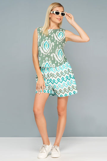 Women's Green & Aqua Ikat Print Co-Ord Set - Sleeveless Summer Top and Shorts