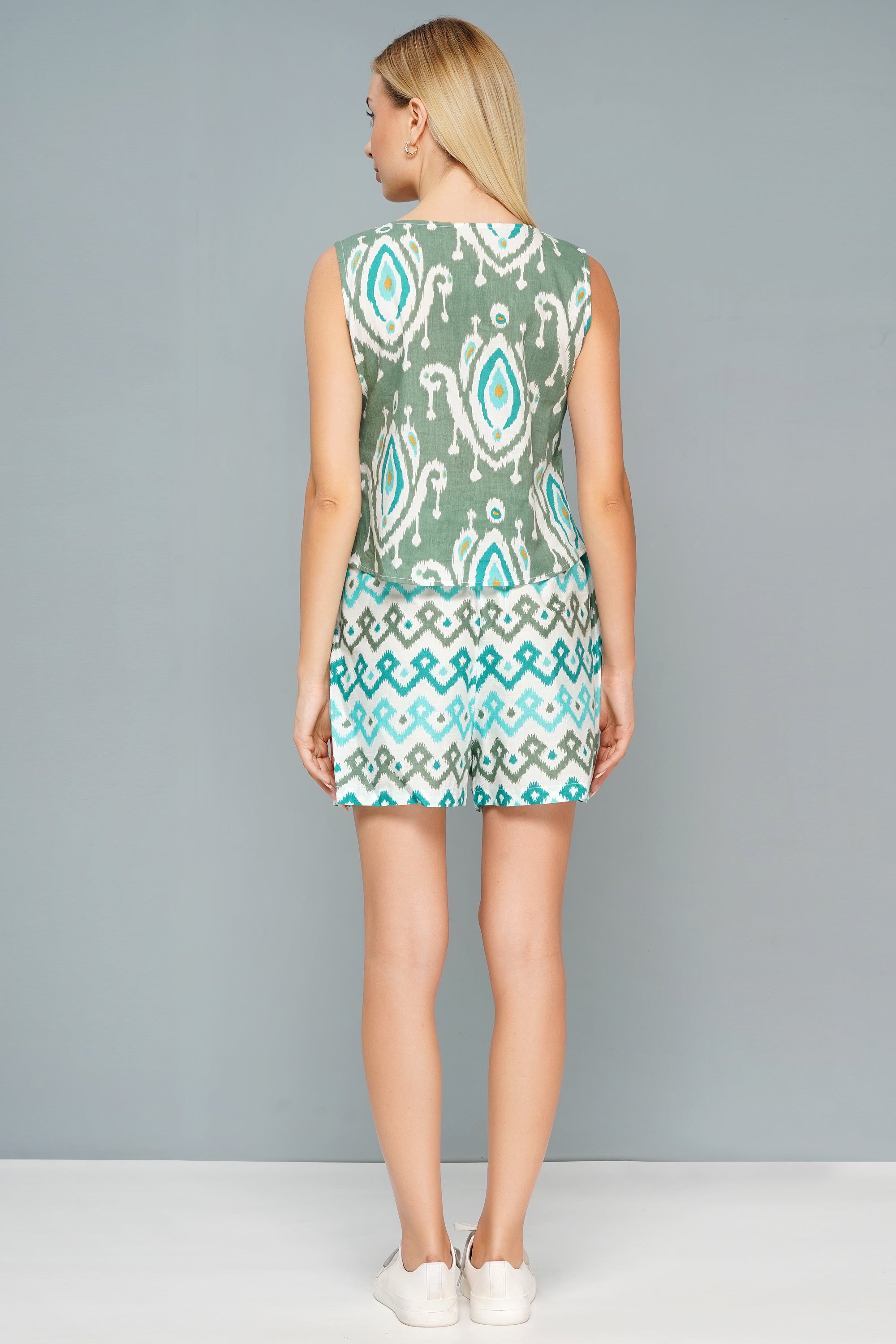 Women's Green & Aqua Ikat Print Co-Ord Set - Sleeveless Summer Top and Shorts