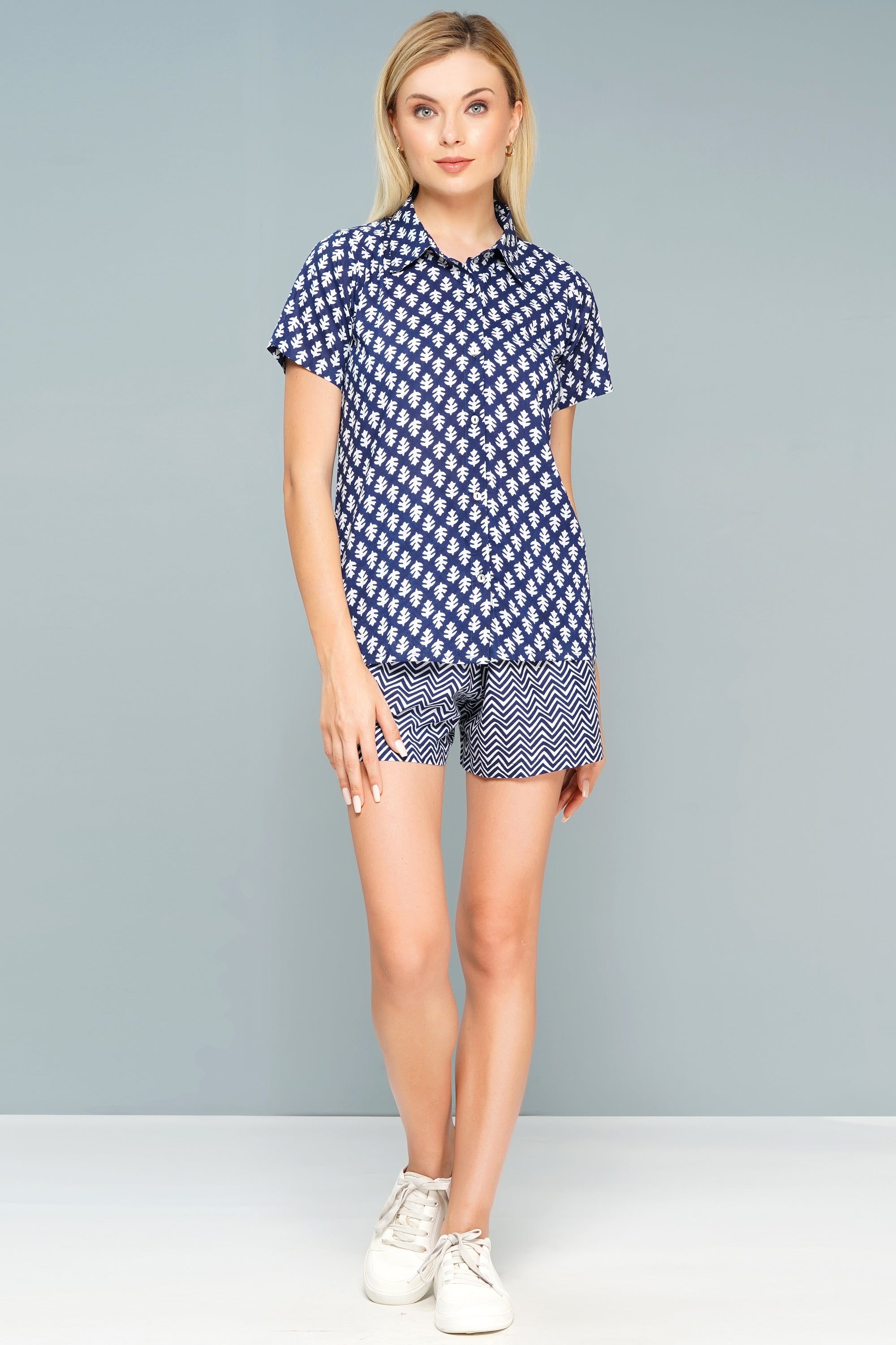Women's Navy Blue Printed Cotton Dress – Cozy Chic Edition
