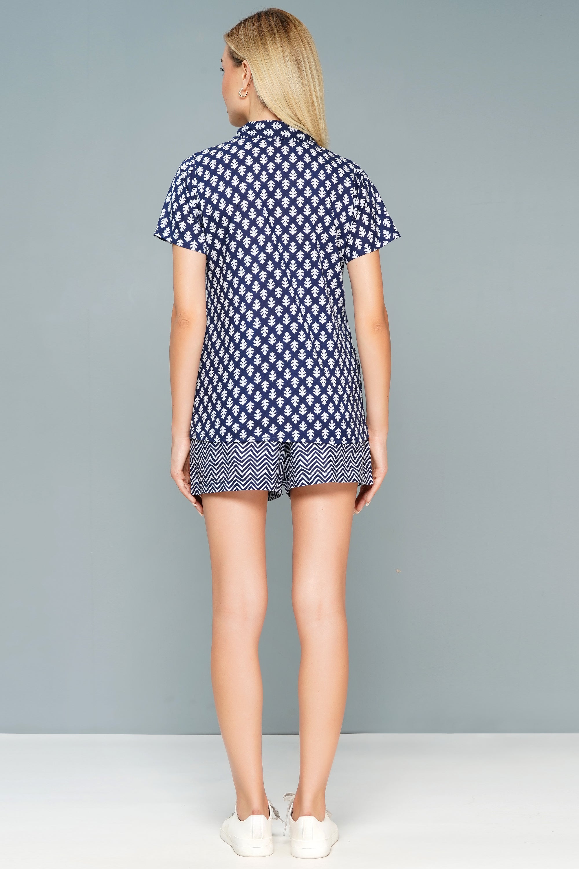 Women's Navy Blue Printed Cotton Dress – Cozy Chic Edition