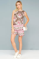 Women's Brown & Pink Ikat Print Cotton Co-ord Set - Sleeveless Top & Shorts