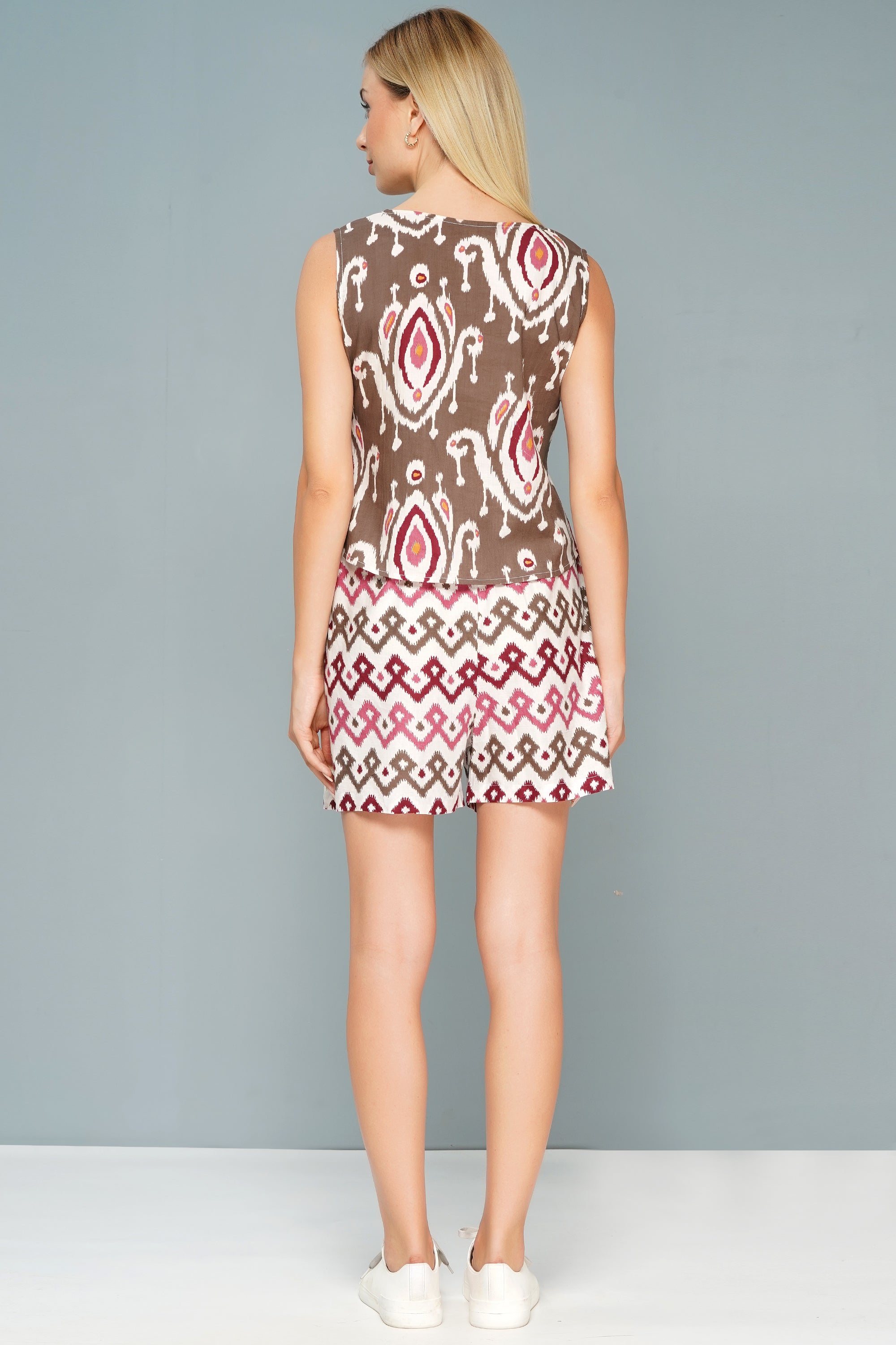 Women's Brown & Pink Ikat Print Cotton Co-ord Set - Sleeveless Top & Shorts