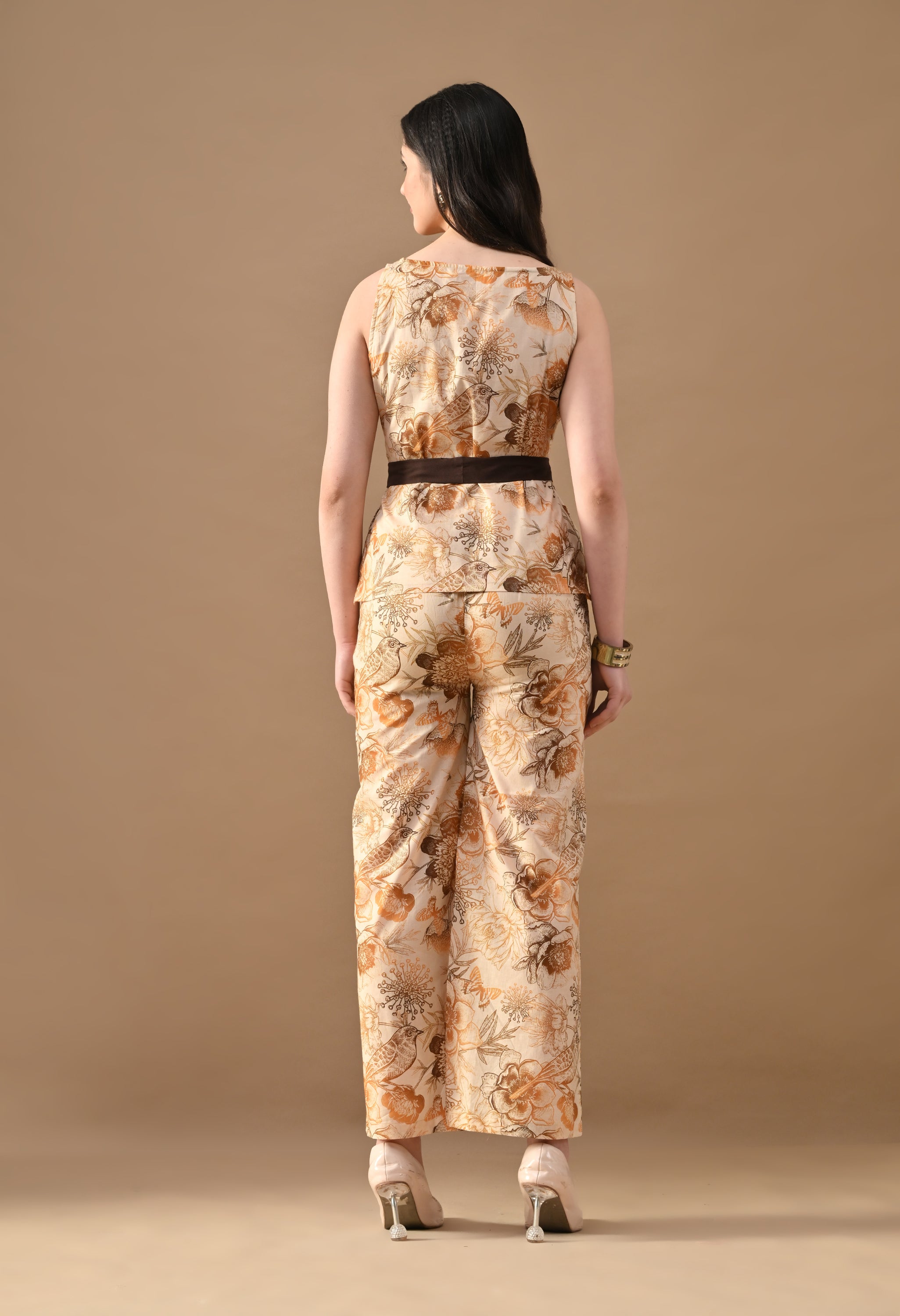 Brown Petal Floral Co-Ord Set for Women | Sleeveless Top & Straight Pants